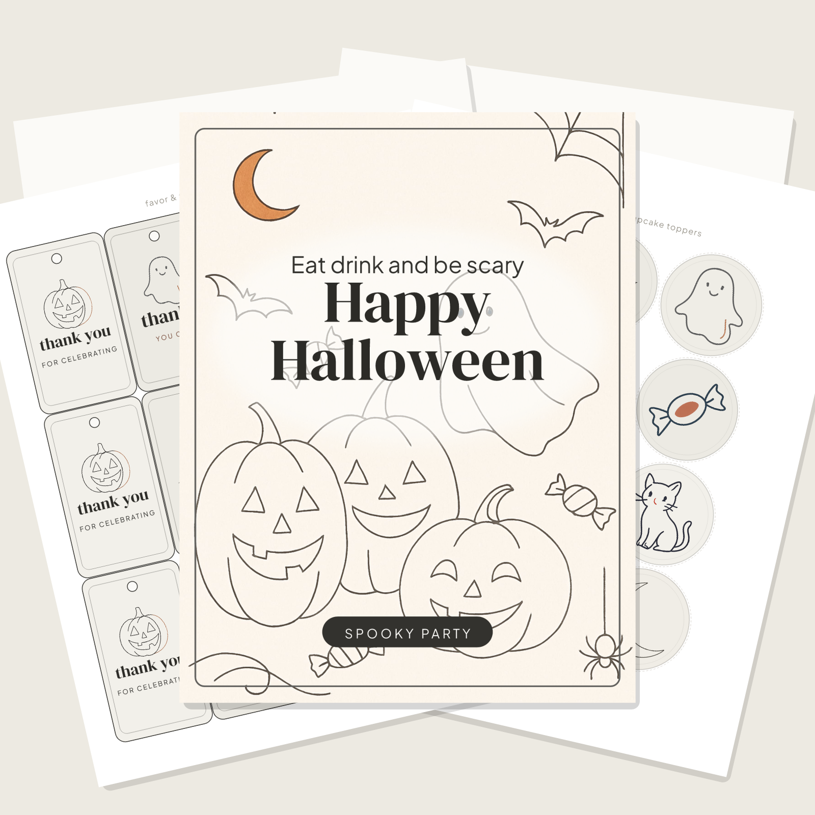 Halloween Party Printables — Minimalist Line-Art (Invitation, Banner, Cupcake Toppers, Tags, Labels & Welcome Sign) — Printable PDF + SVG