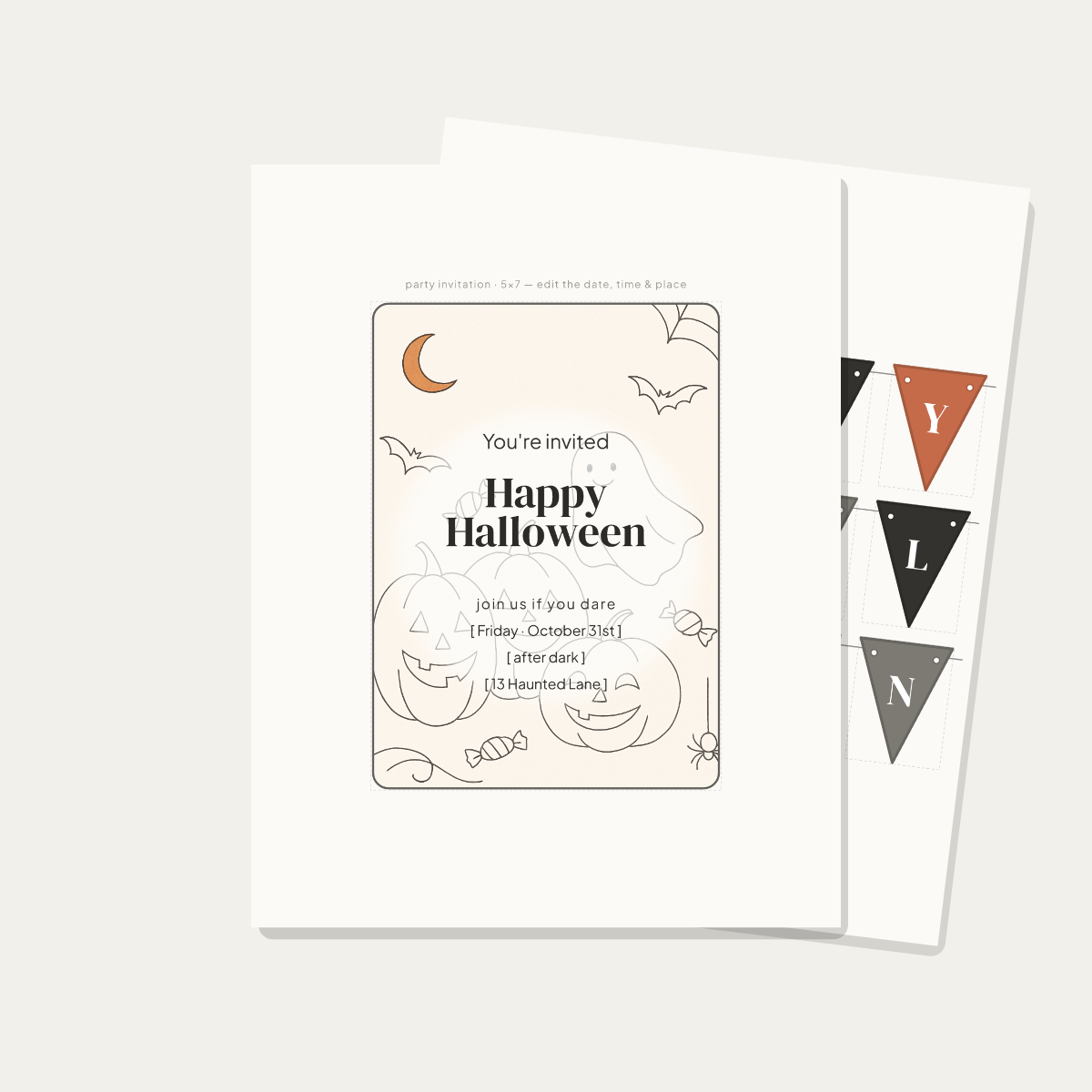 Halloween Party Printables — Minimalist Line-Art (Invitation, Banner, Cupcake Toppers, Tags, Labels & Welcome Sign) — Printable PDF + SVG preview 2