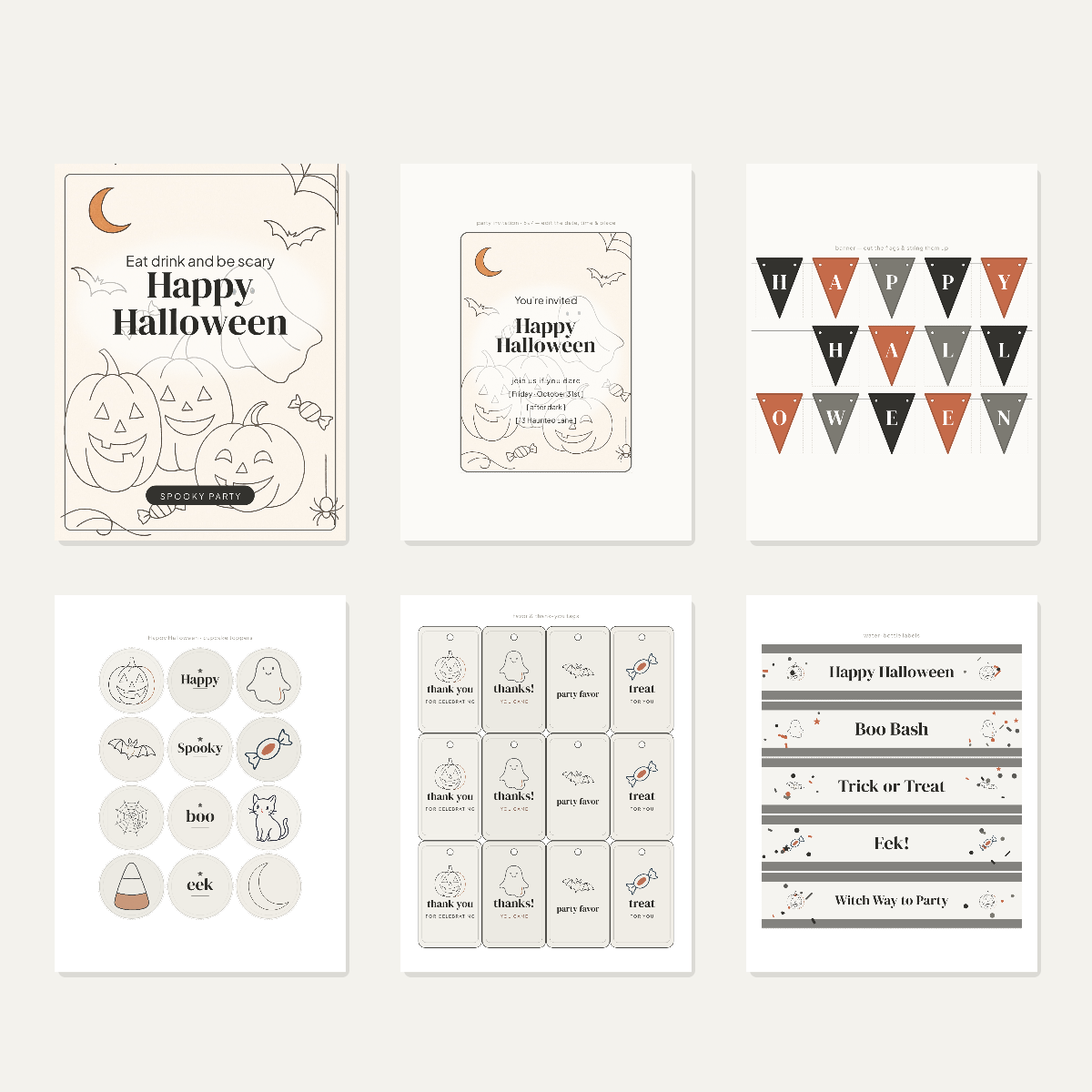 Halloween Party Printables — Minimalist Line-Art (Invitation, Banner, Cupcake Toppers, Tags, Labels & Welcome Sign) — Printable PDF + SVG preview 3