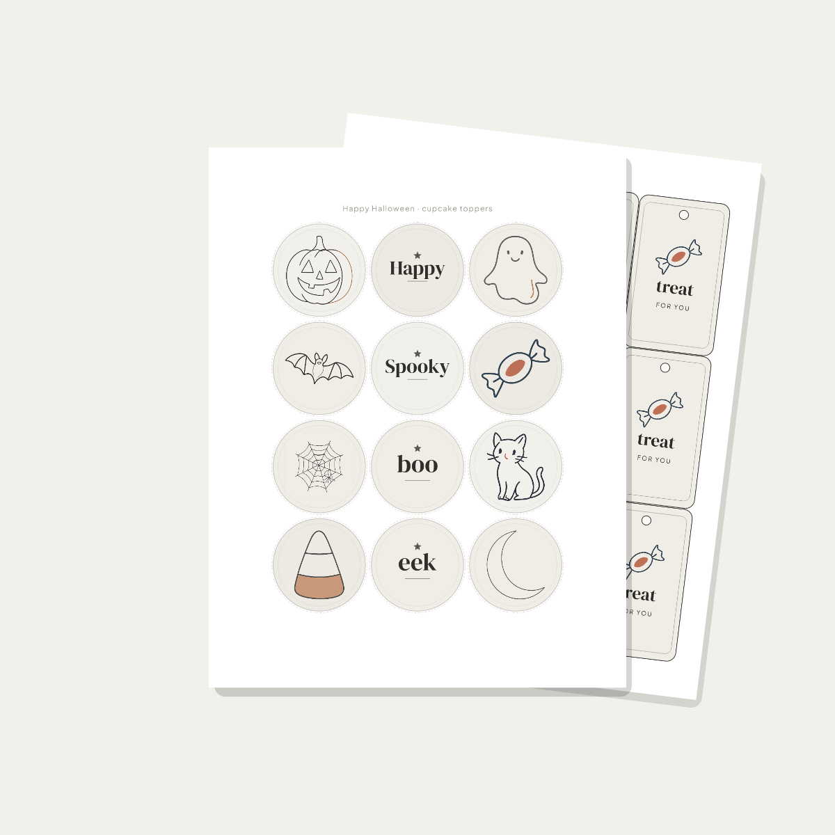 Halloween Party Printables — Minimalist Line-Art (Invitation, Banner, Cupcake Toppers, Tags, Labels & Welcome Sign) — Printable PDF + SVG preview 4