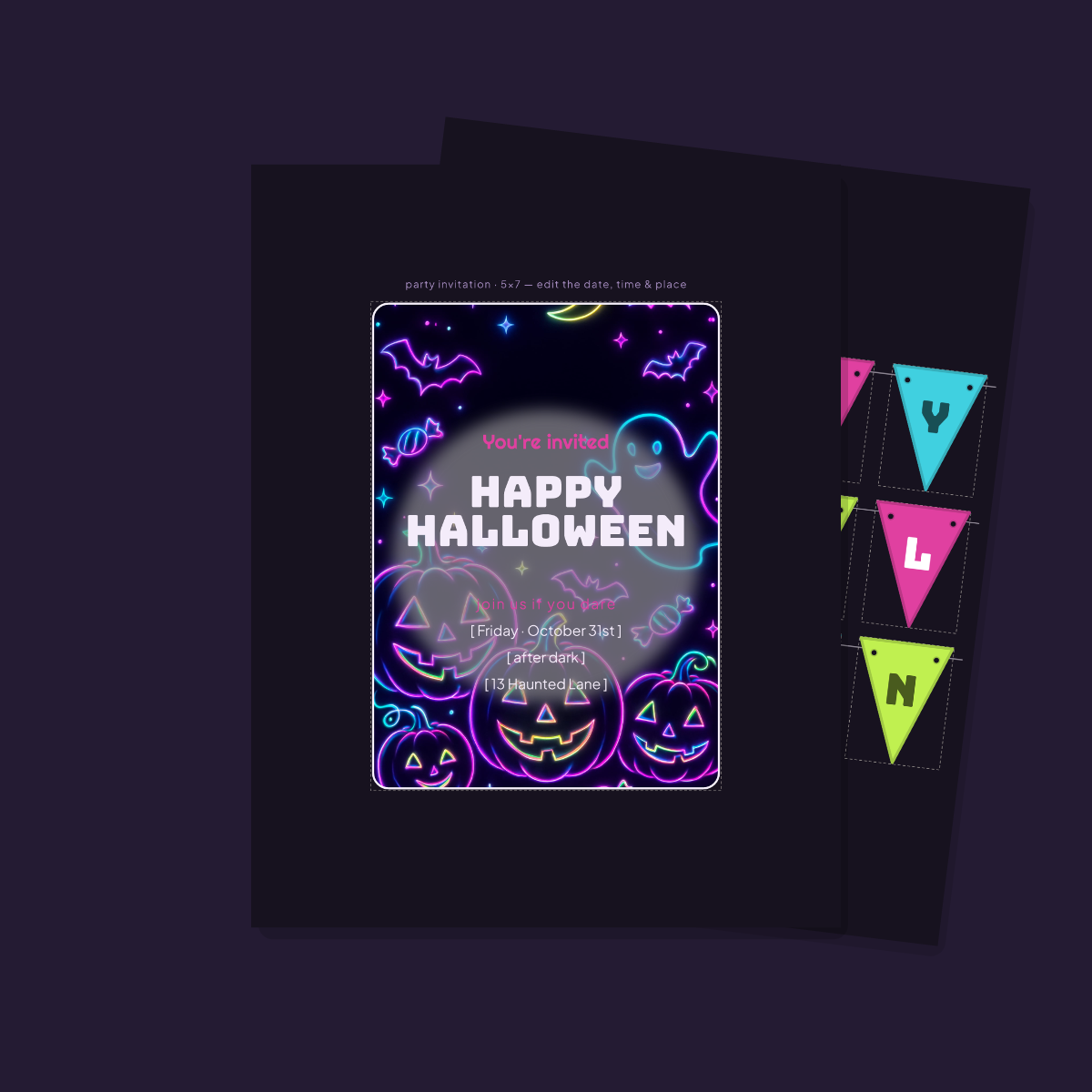 Halloween Party Printables — Neon Y2K (Invitation, Banner, Cupcake Toppers, Tags, Labels & Welcome Sign) — Printable PDF + SVG preview 2