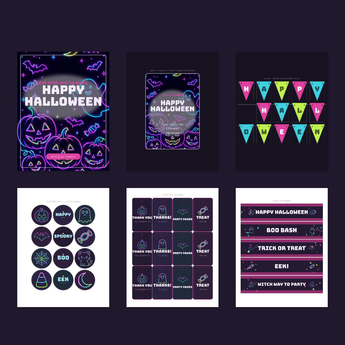 Halloween Party Printables — Neon Y2K (Invitation, Banner, Cupcake Toppers, Tags, Labels & Welcome Sign) — Printable PDF + SVG preview 3