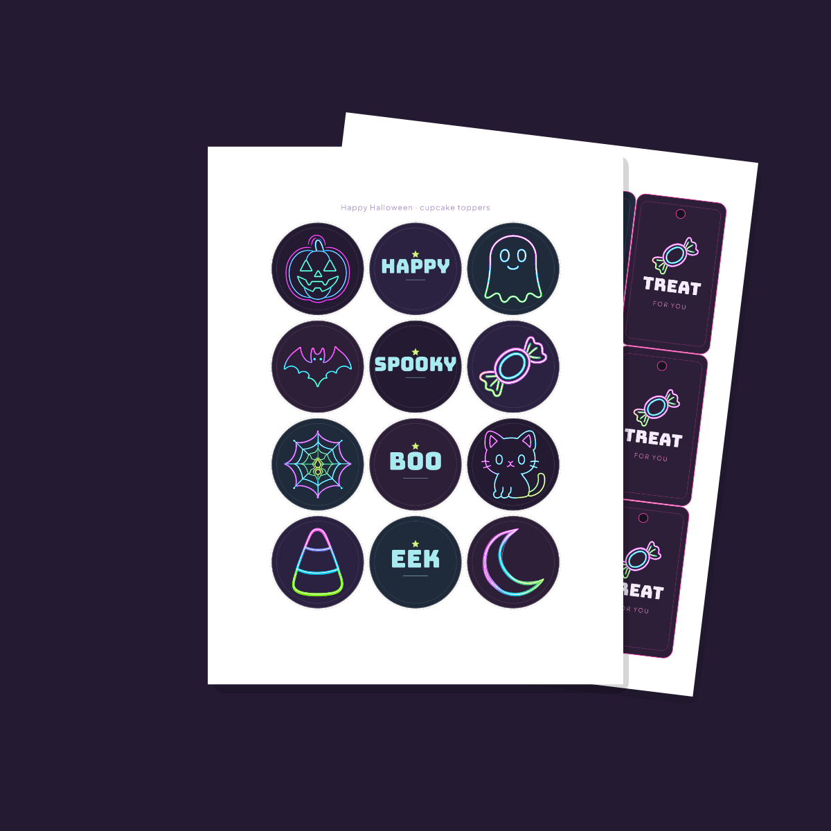 Halloween Party Printables — Neon Y2K (Invitation, Banner, Cupcake Toppers, Tags, Labels & Welcome Sign) — Printable PDF + SVG preview 4