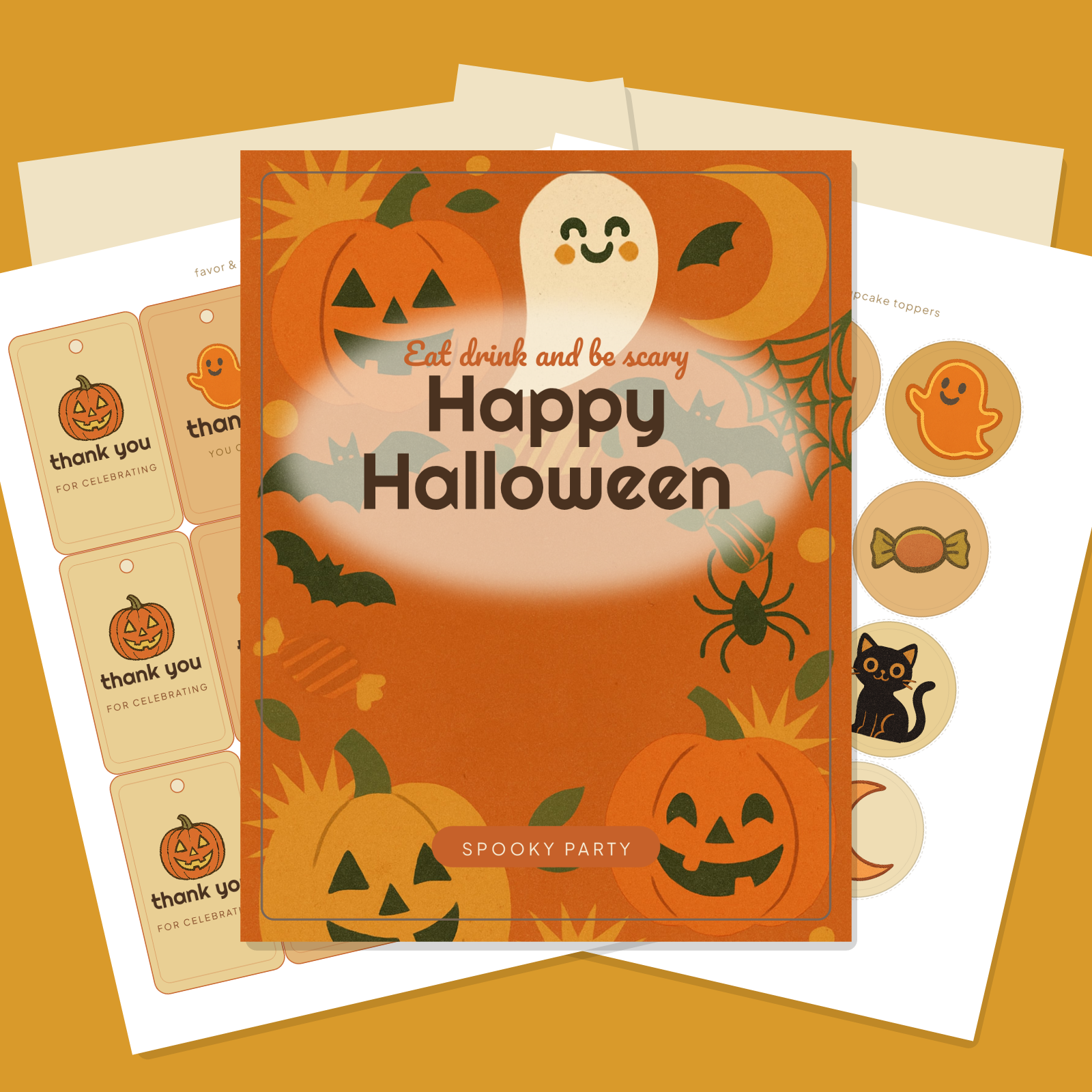 Halloween Party Printables — Retro 70s (Invitation, Banner, Cupcake Toppers, Tags, Labels & Welcome Sign) — Printable PDF + SVG
