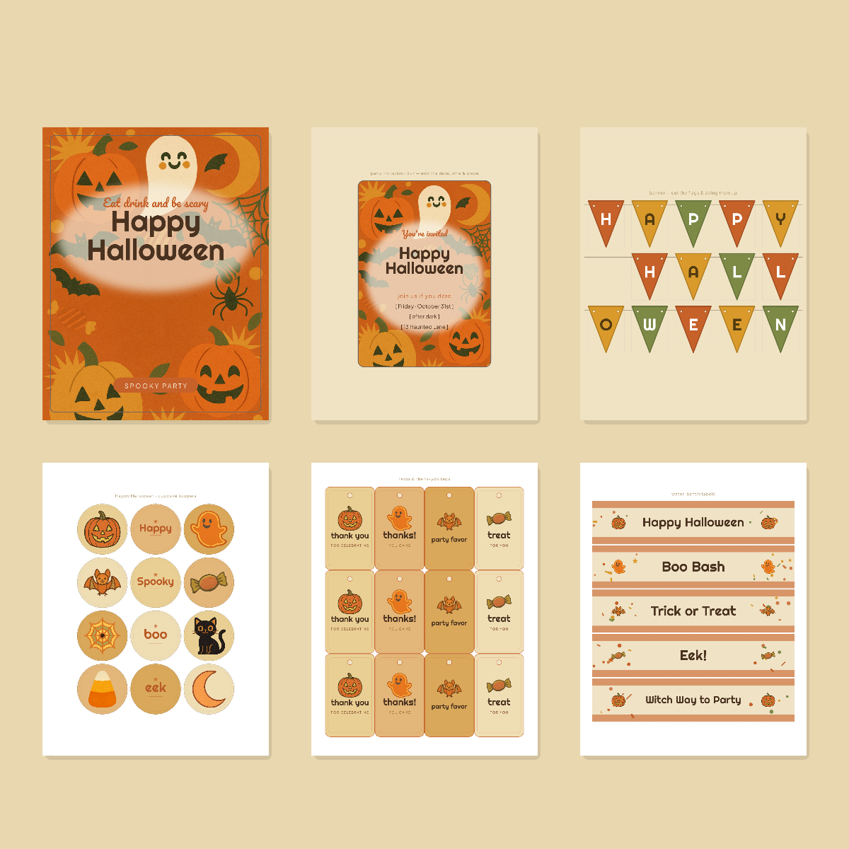 Halloween Party Printables — Retro 70s (Invitation, Banner, Cupcake Toppers, Tags, Labels & Welcome Sign) — Printable PDF + SVG preview 3