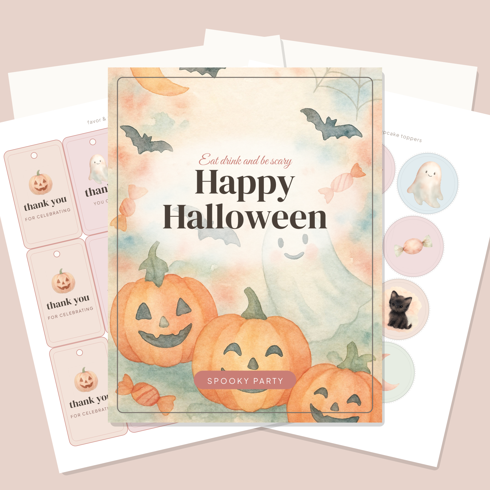 Halloween Party Printables — Watercolor (Invitation, Banner, Cupcake Toppers, Tags, Labels & Welcome Sign) — Printable PDF + SVG