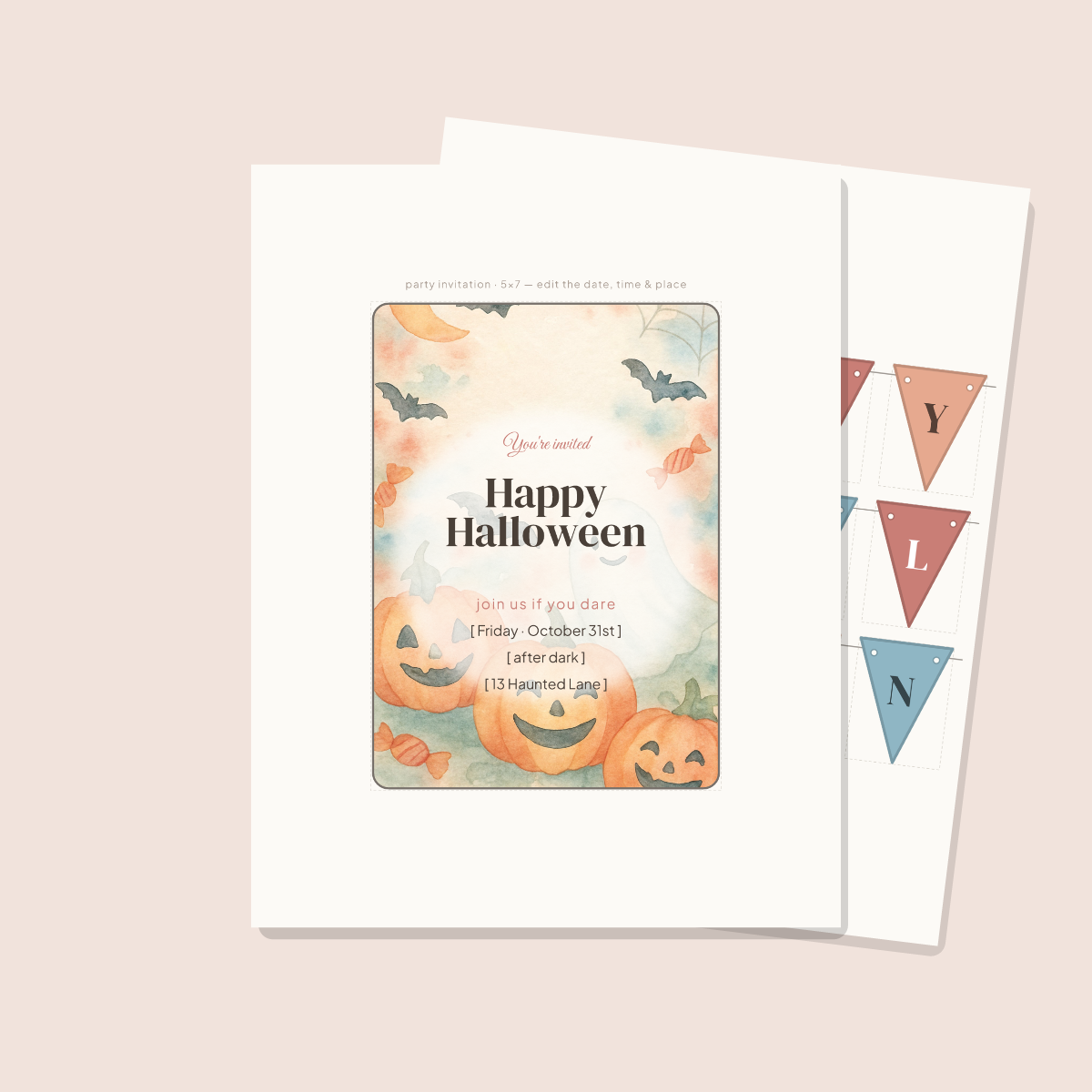 Halloween Party Printables — Watercolor (Invitation, Banner, Cupcake Toppers, Tags, Labels & Welcome Sign) — Printable PDF + SVG preview 2