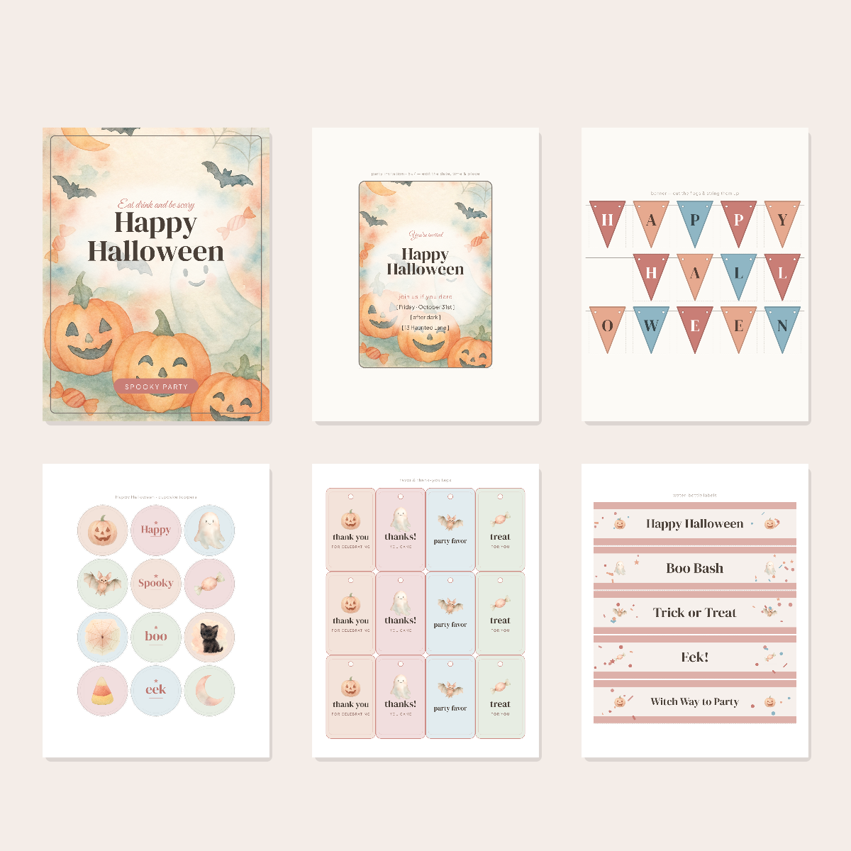 Halloween Party Printables — Watercolor (Invitation, Banner, Cupcake Toppers, Tags, Labels & Welcome Sign) — Printable PDF + SVG preview 3