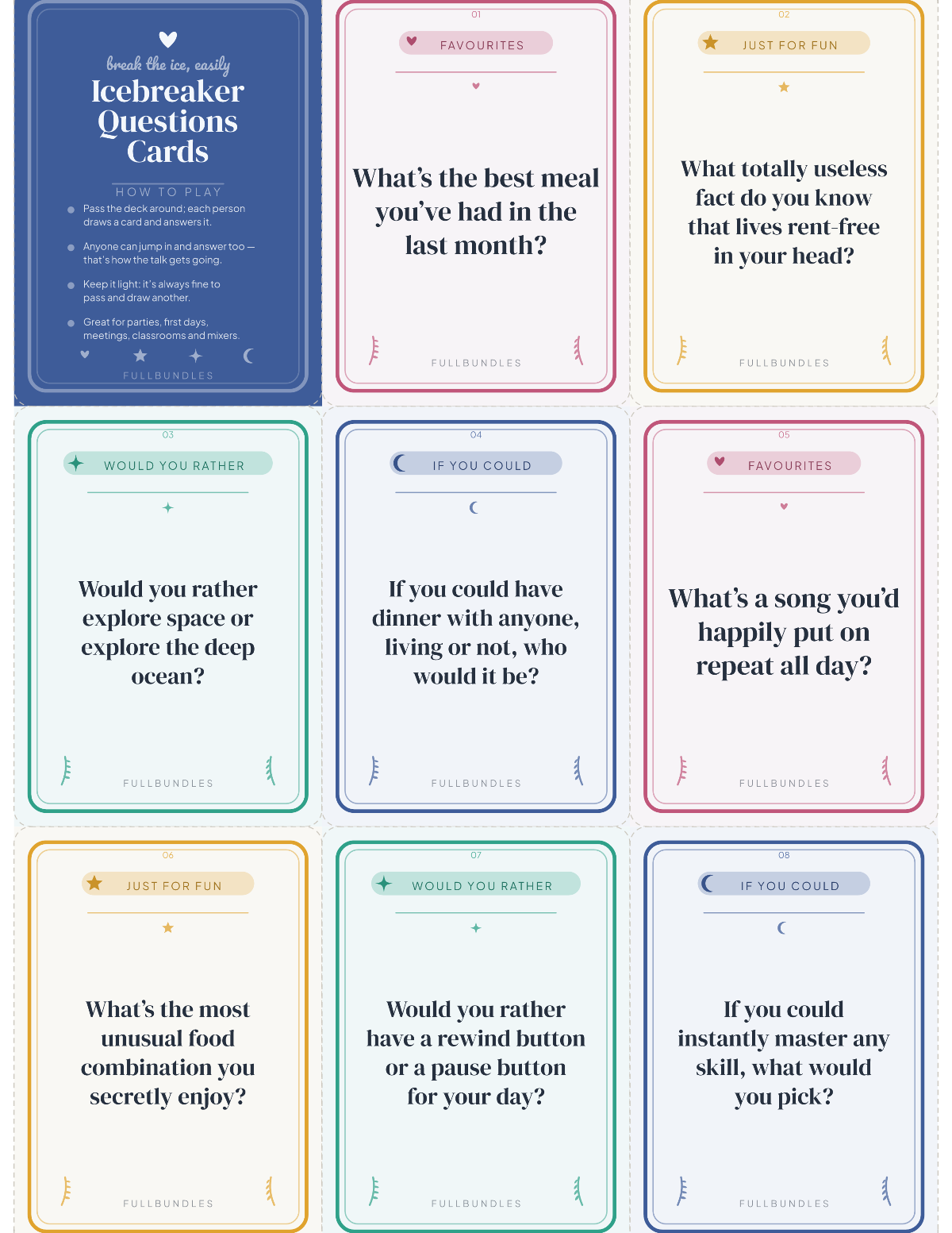 Icebreaker Questions Cards — 48 Printable Get-to-Know-You Prompts preview 3