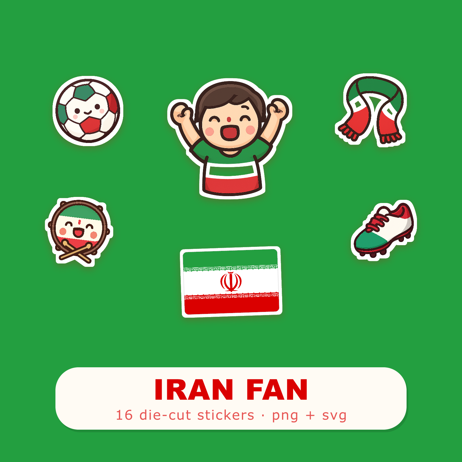 Iran Football Fan Sticker Pack — 16 Kawaii Die-Cut Supporter Stickers (PNG + SVG)