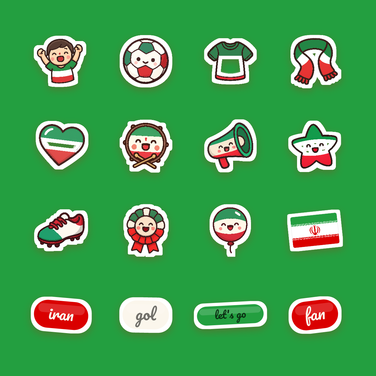 Iran Football Fan Sticker Pack — 16 Kawaii Die-Cut Supporter Stickers (PNG + SVG) preview 4