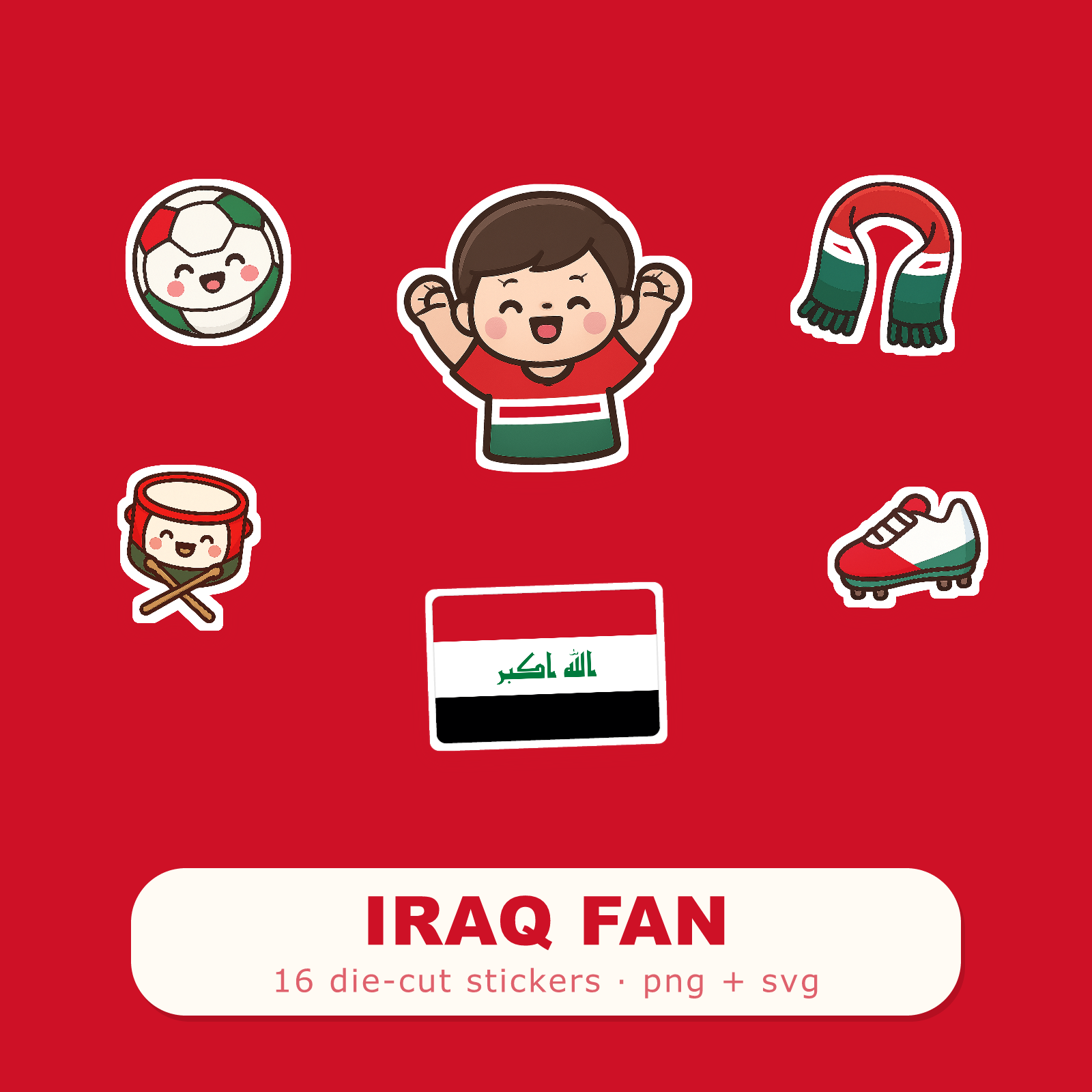 Iraq Football Fan Sticker Pack — 16 Kawaii Die-Cut Supporter Stickers (PNG + SVG)
