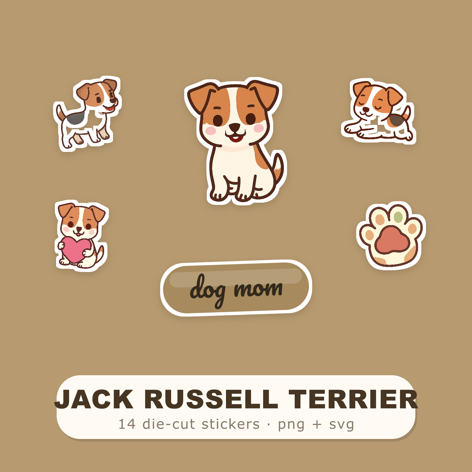 Jack Russell Terrier Kawaii Sticker Pack — Dog Mom Die-Cut Stickers (PNG + SVG, Commercial Use)