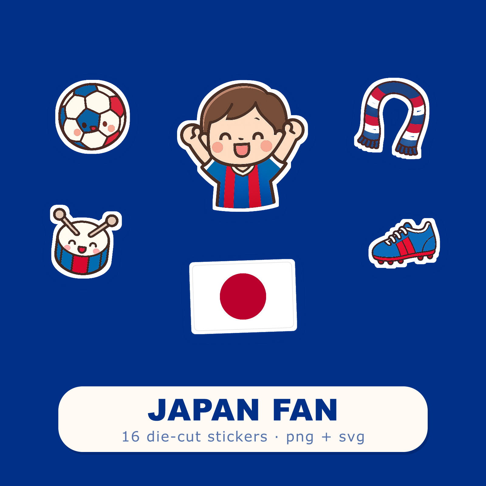 Japan Football Fan Sticker Pack — 16 Kawaii Die-Cut Supporter Stickers (PNG + SVG)