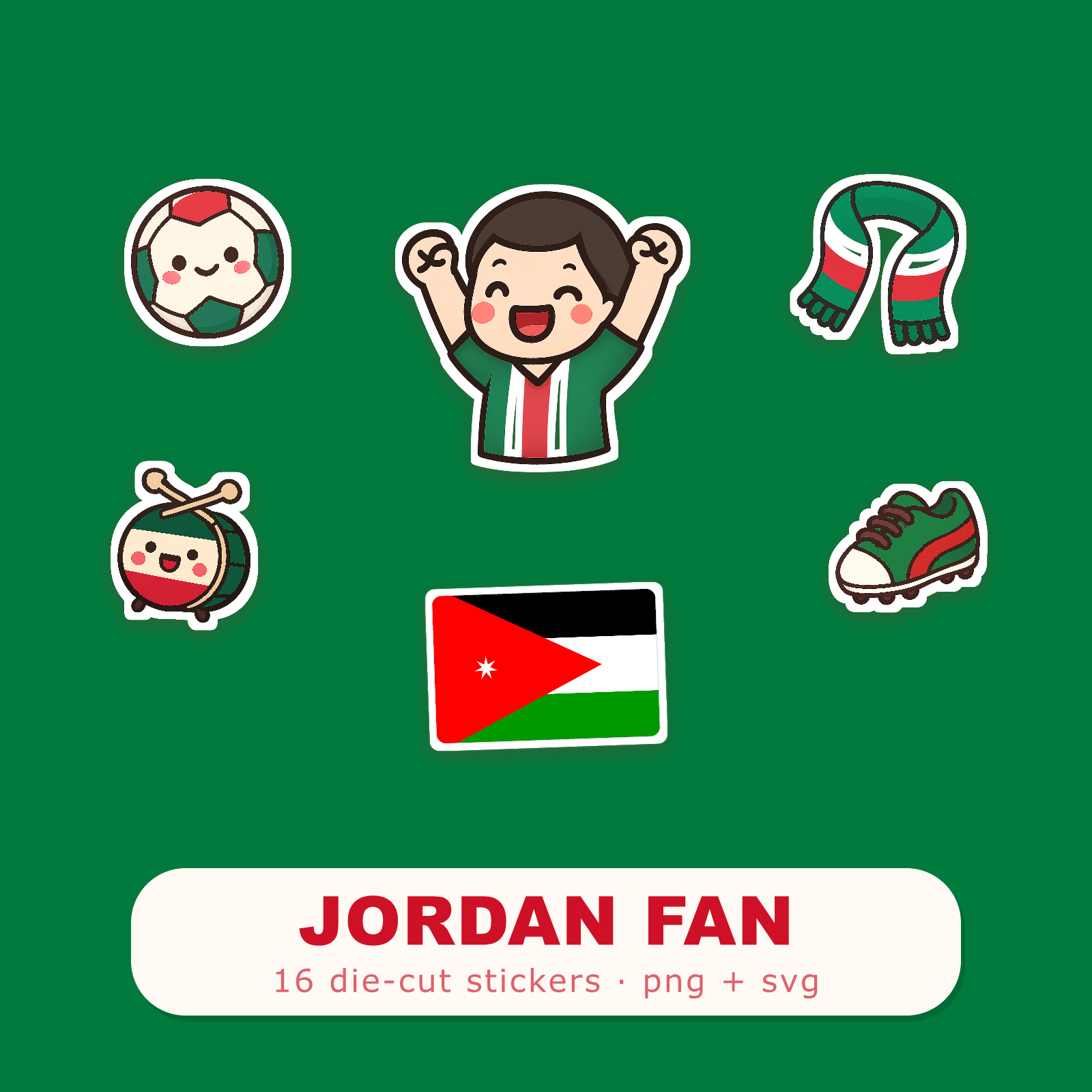 Jordan Football Fan Sticker Pack — 16 Kawaii Die-Cut Supporter Stickers (PNG + SVG)