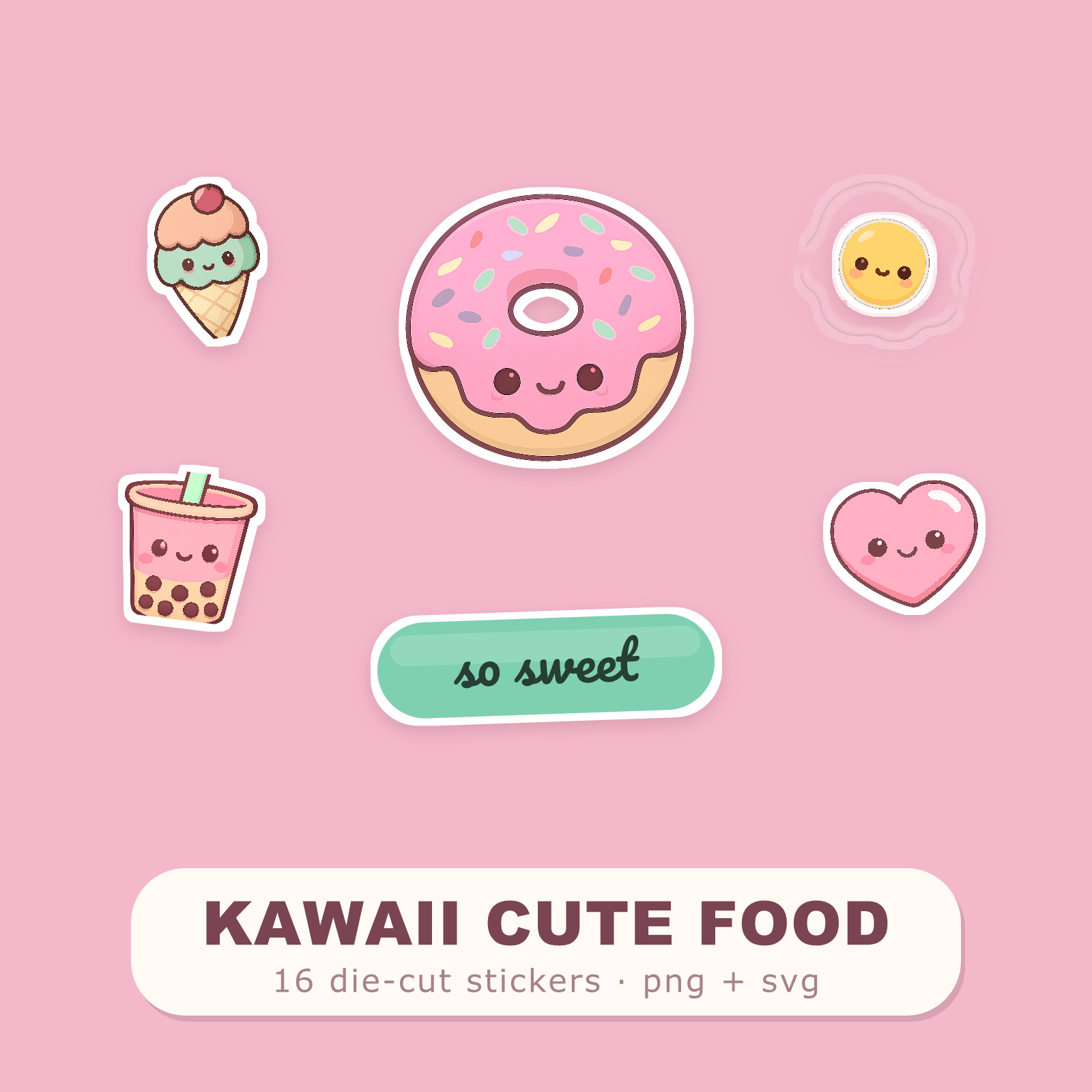 Kawaii Food Sticker Pack — 16 Die-Cut Cute Food Stickers (Donut, Boba, Avocado · PNG + SVG, Commercial Use)