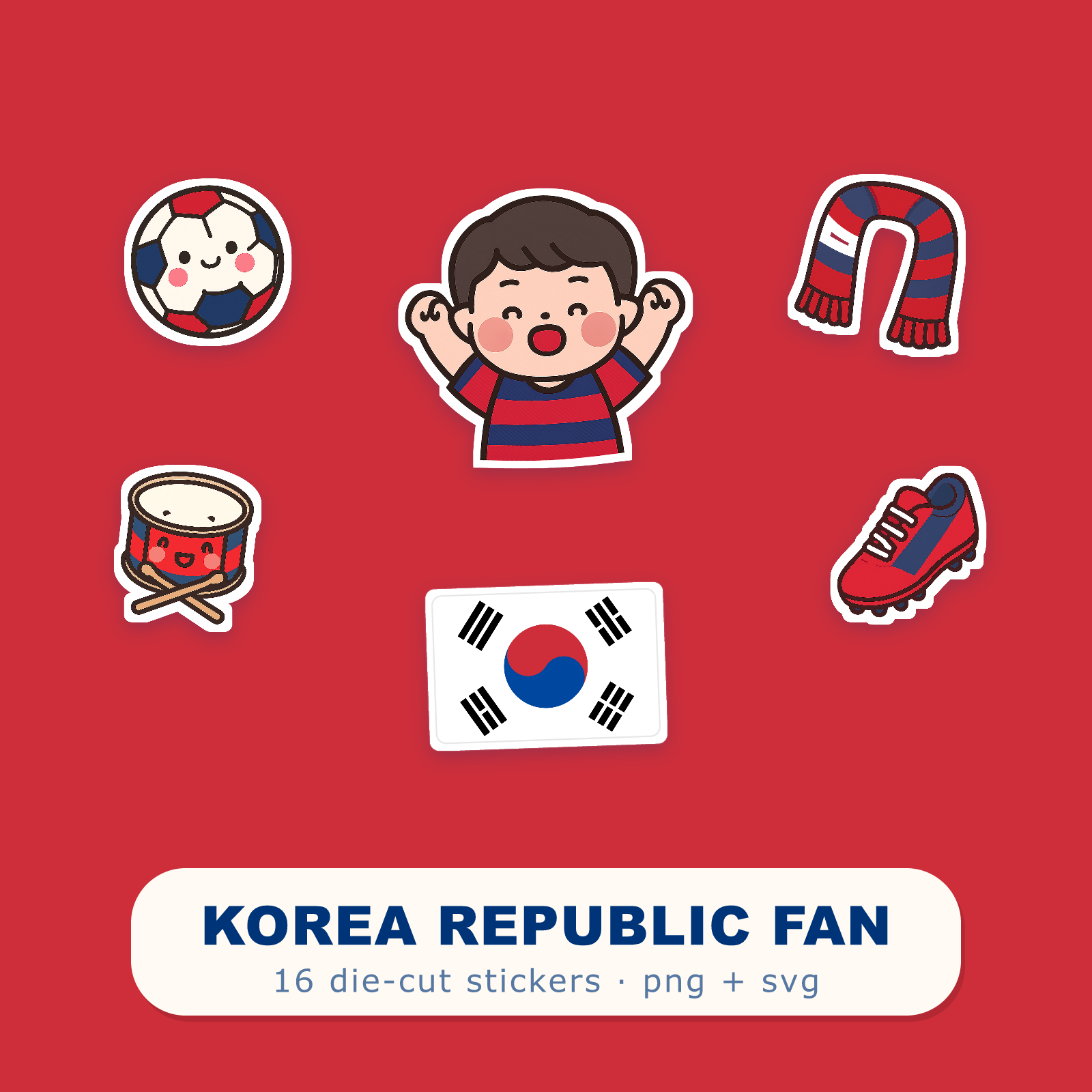 Korea Republic Football Fan Sticker Pack — 16 Kawaii Die-Cut Supporter Stickers (PNG + SVG)