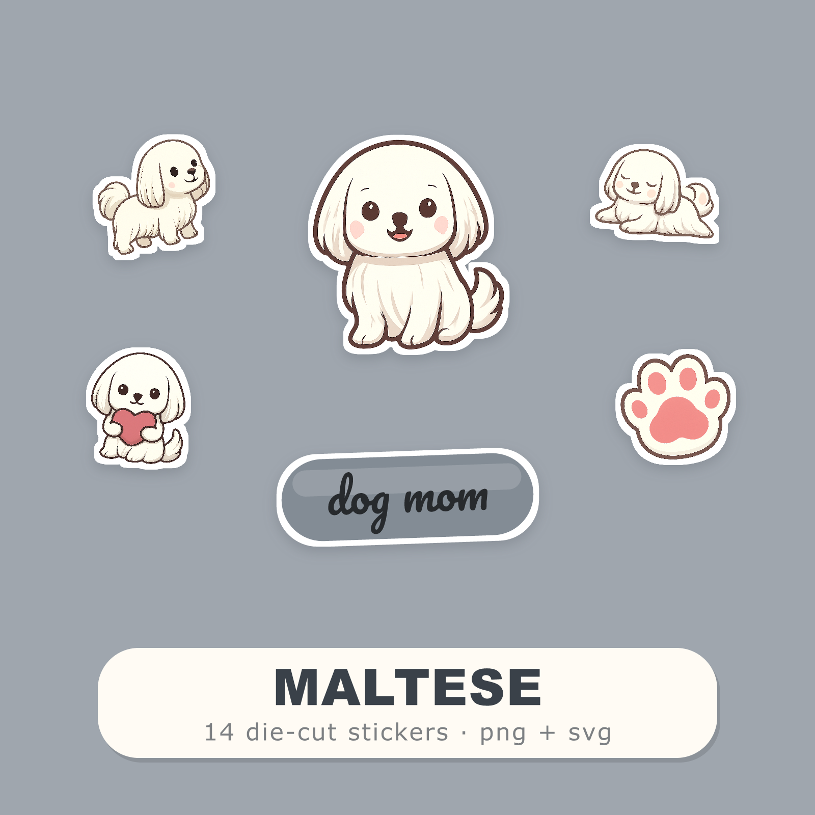 Maltese Kawaii Sticker Pack — Dog Mom Die-Cut Stickers (PNG + SVG, Commercial Use)