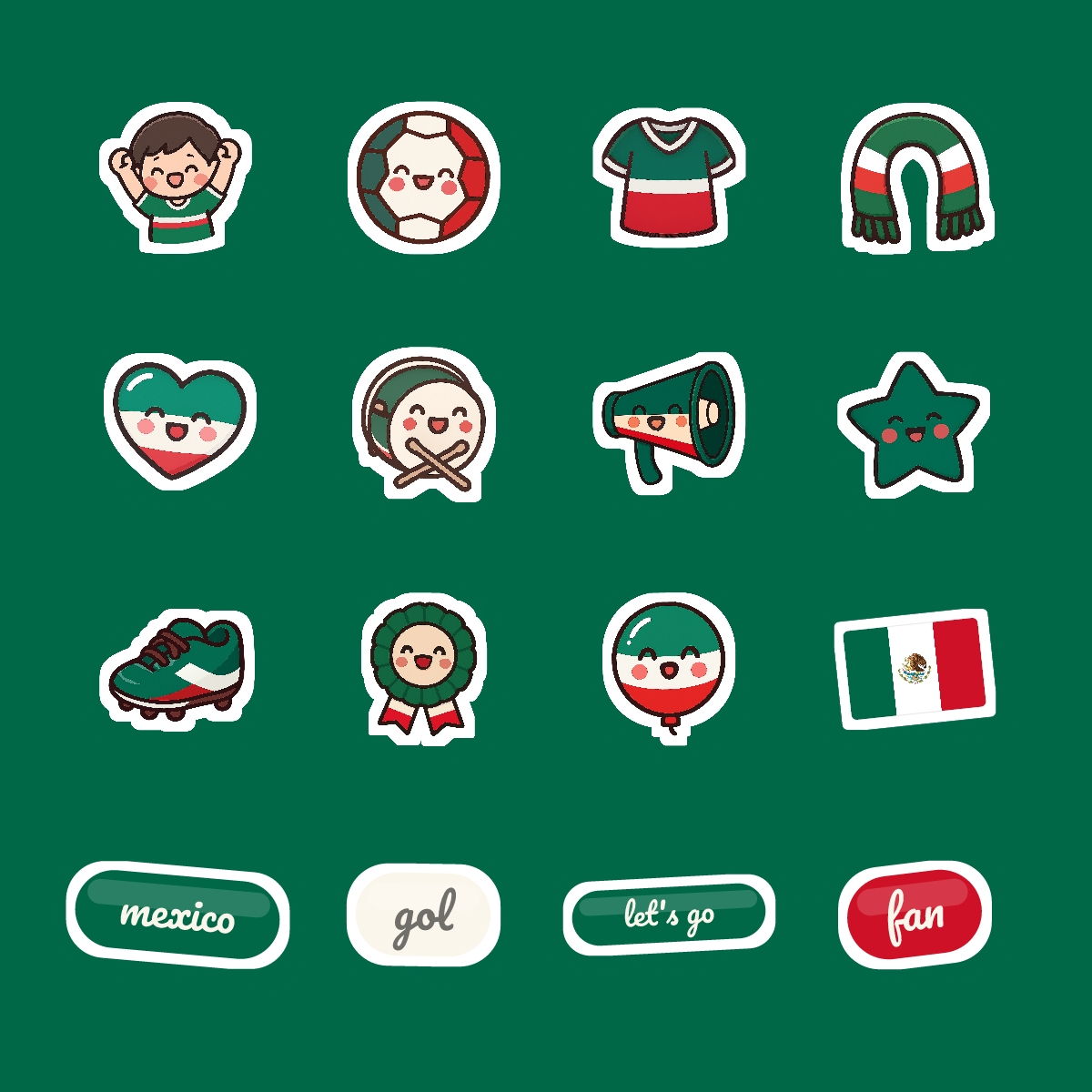 Mexico Football Fan Sticker Pack — 16 Kawaii Die-Cut Supporter Stickers (PNG + SVG) preview 4