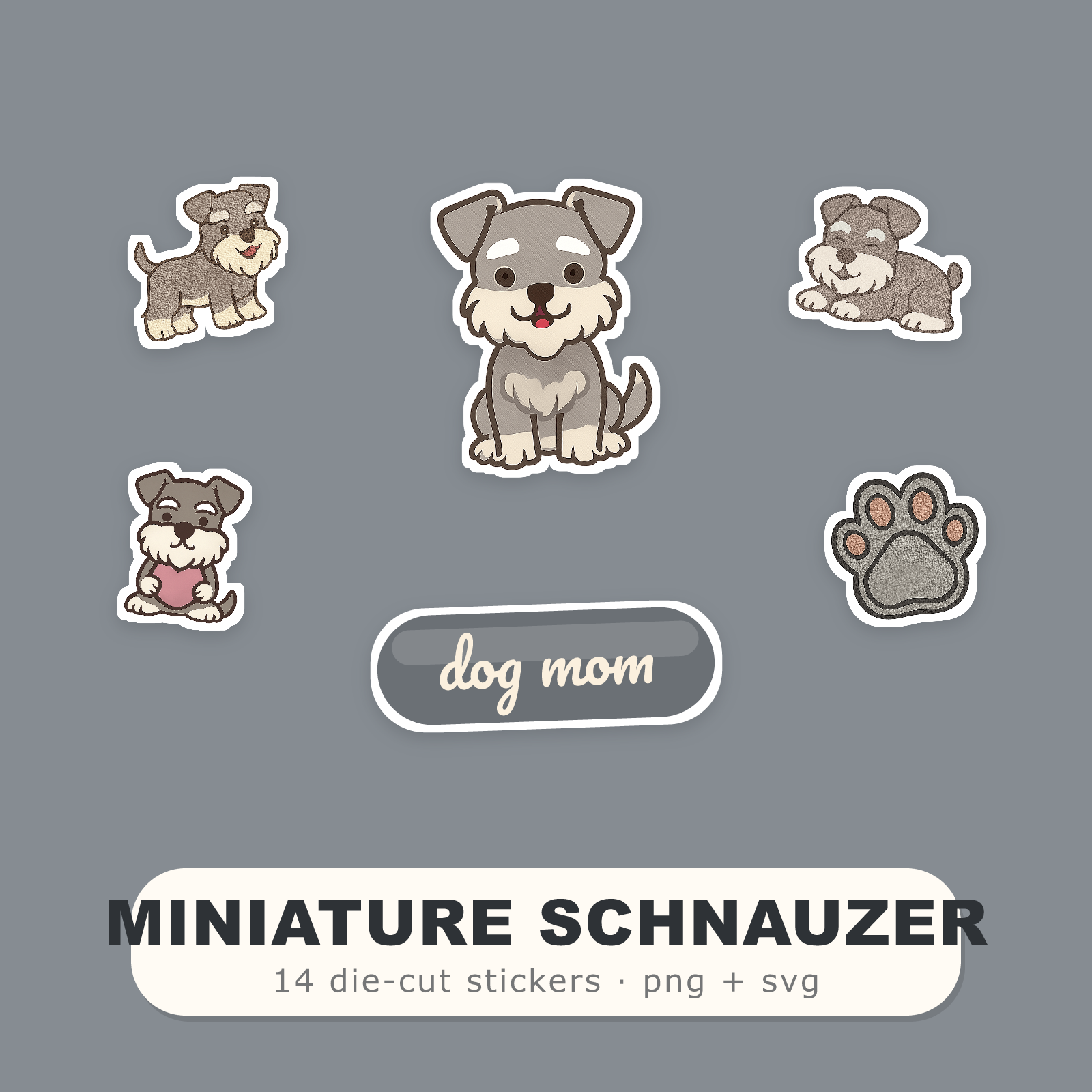 Miniature Schnauzer Kawaii Sticker Pack — Dog Mom Die-Cut Stickers (PNG + SVG, Commercial Use)