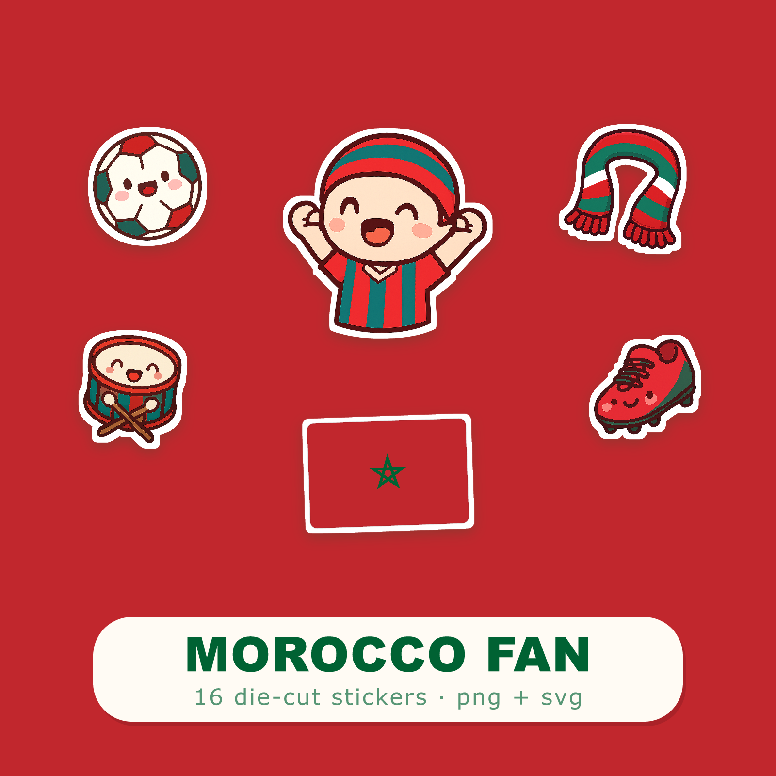 Morocco Football Fan Sticker Pack — 16 Kawaii Die-Cut Supporter Stickers (PNG + SVG)