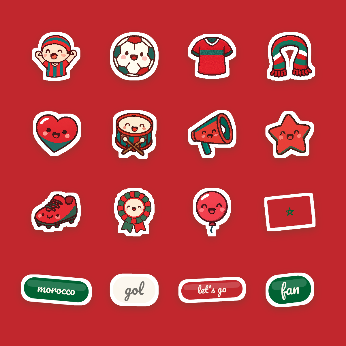 Morocco Football Fan Sticker Pack — 16 Kawaii Die-Cut Supporter Stickers (PNG + SVG) preview 4