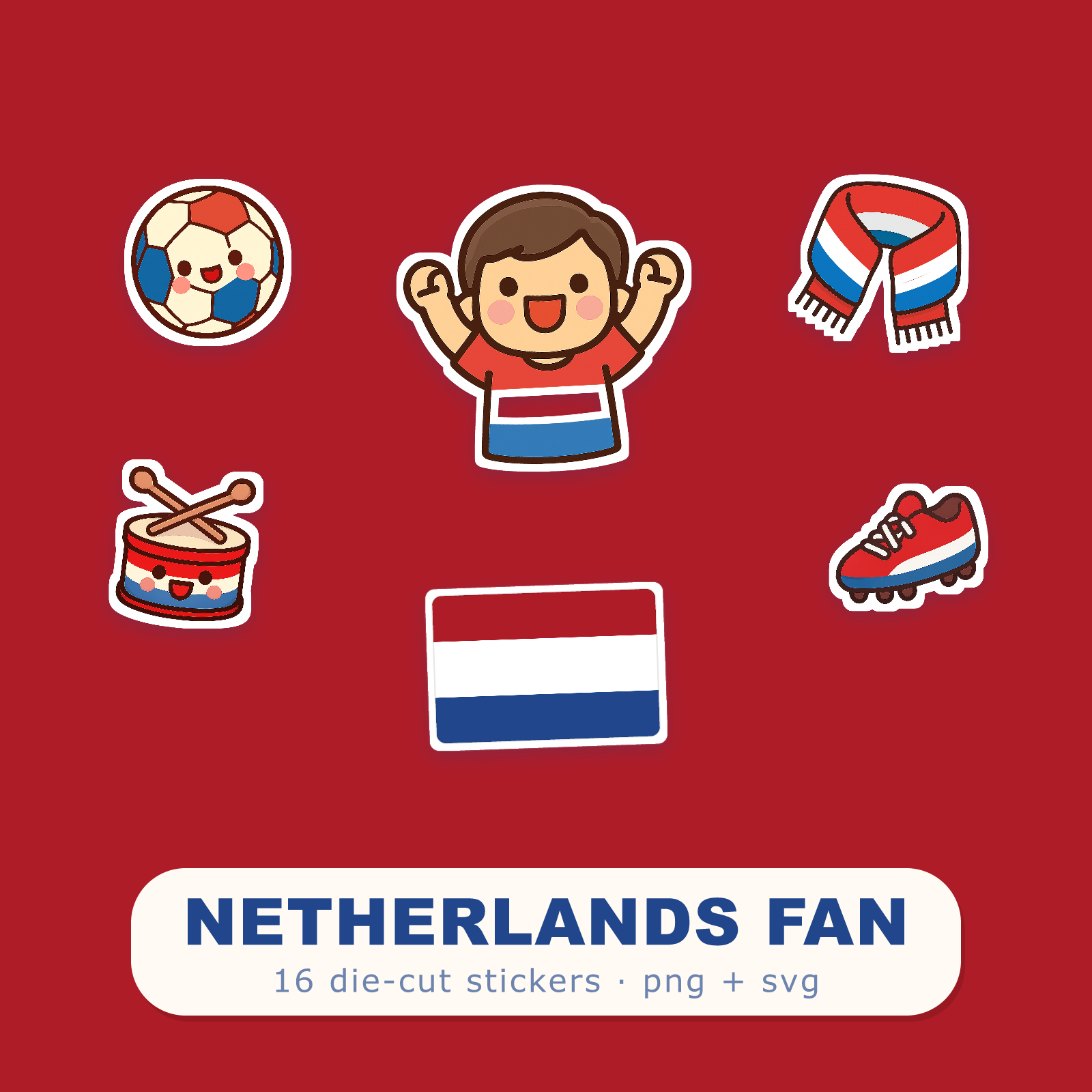 Netherlands Football Fan Sticker Pack — 16 Kawaii Die-Cut Supporter Stickers (PNG + SVG)