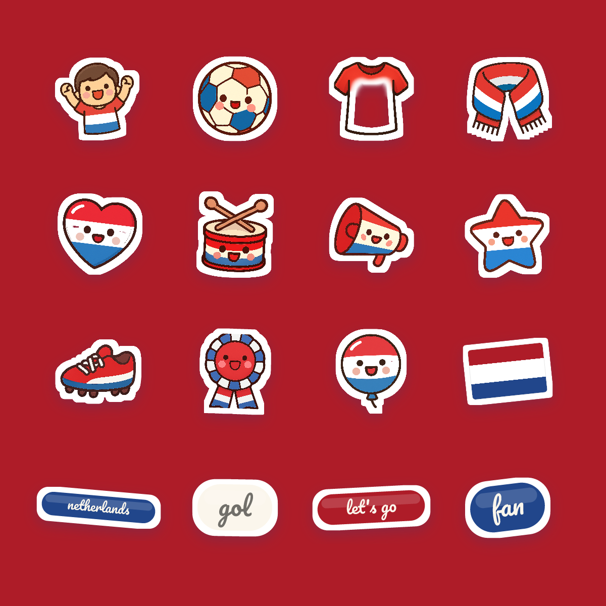 Netherlands Football Fan Sticker Pack — 16 Kawaii Die-Cut Supporter Stickers (PNG + SVG) preview 4
