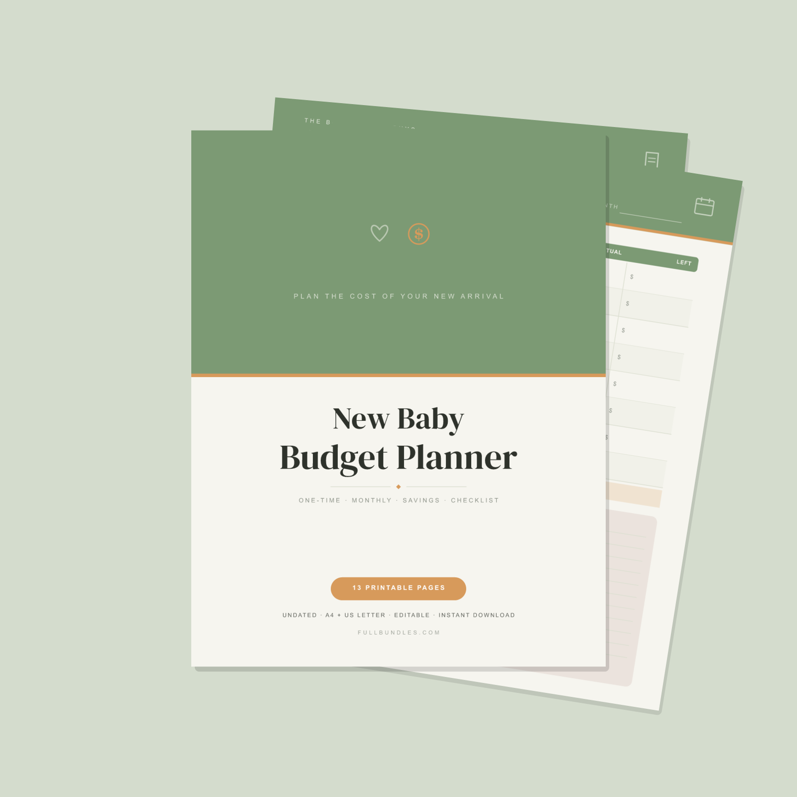 New Baby Budget Planner — 13 Printable Pages (Baby Budget Overview, Nursery & Gear Costs, Monthly Baby Costs, Savings Goals, Leave & Income, First-Year Projection · A4 + US Letter PDF + SVG)