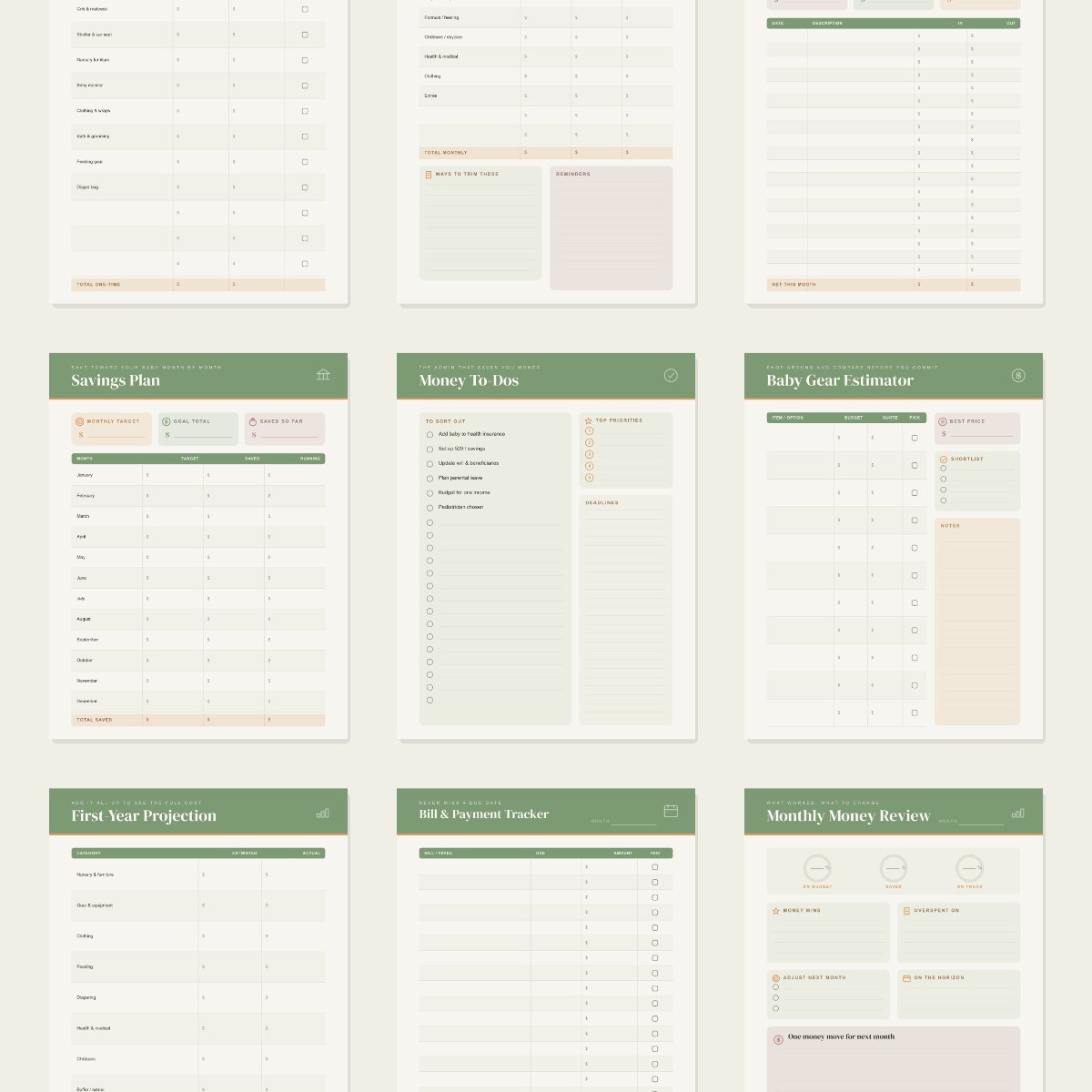 New Baby Budget Planner — 13 Printable Pages (Baby Budget Overview, Nursery & Gear Costs, Monthly Baby Costs, Savings Goals, Leave & Income, First-Year Projection · A4 + US Letter PDF + SVG) preview 3