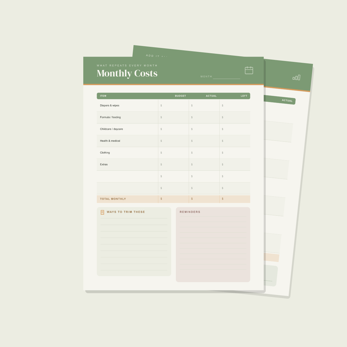 New Baby Budget Planner — 13 Printable Pages (Baby Budget Overview, Nursery & Gear Costs, Monthly Baby Costs, Savings Goals, Leave & Income, First-Year Projection · A4 + US Letter PDF + SVG) preview 4