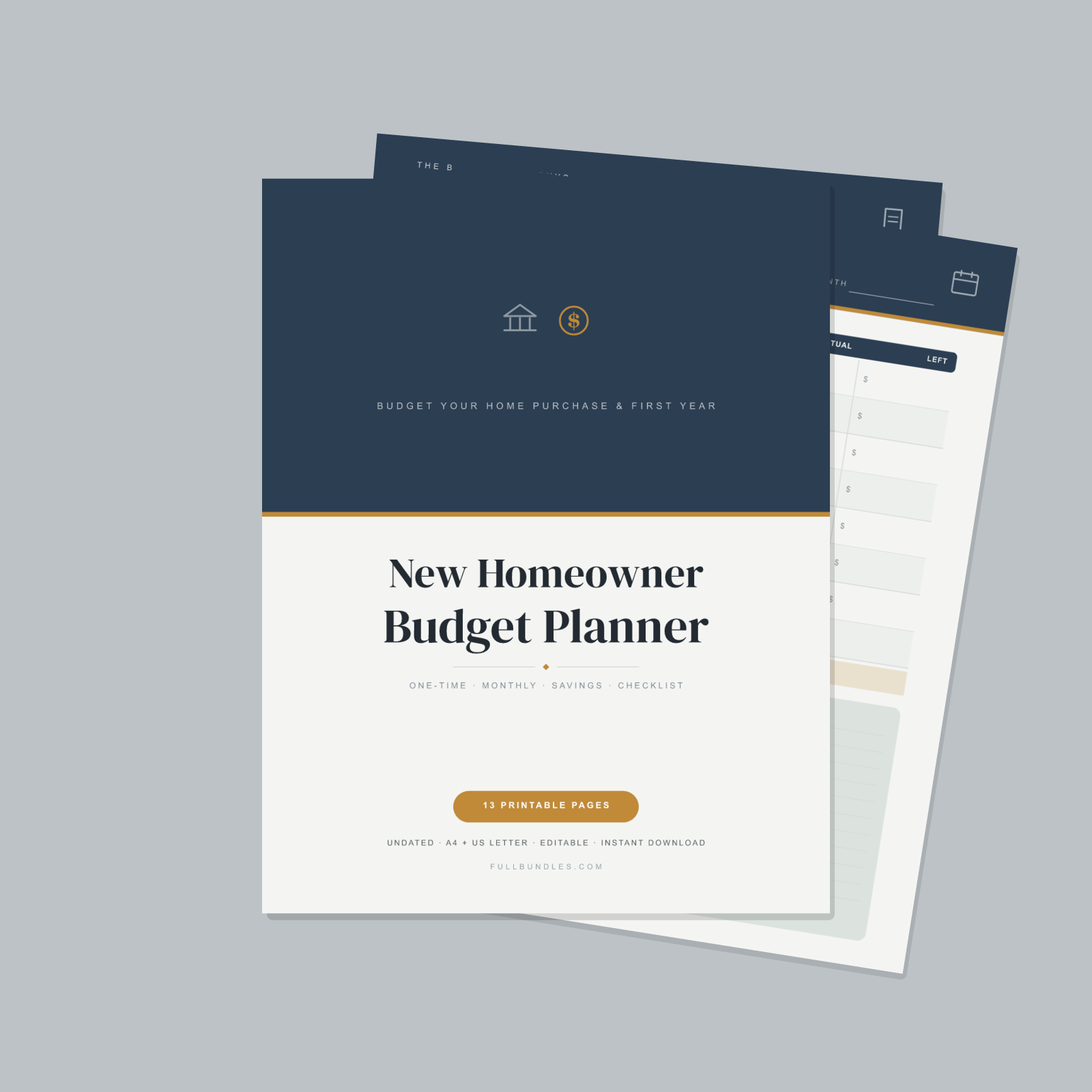 New Homeowner Budget Planner — 13 Printable Pages (Home-Buying Budget, Down Payment & Closing Costs, Monthly Housing Costs, Moving Budget, Maintenance Fund, First-Year Projection · A4 + US Letter PDF + SVG)