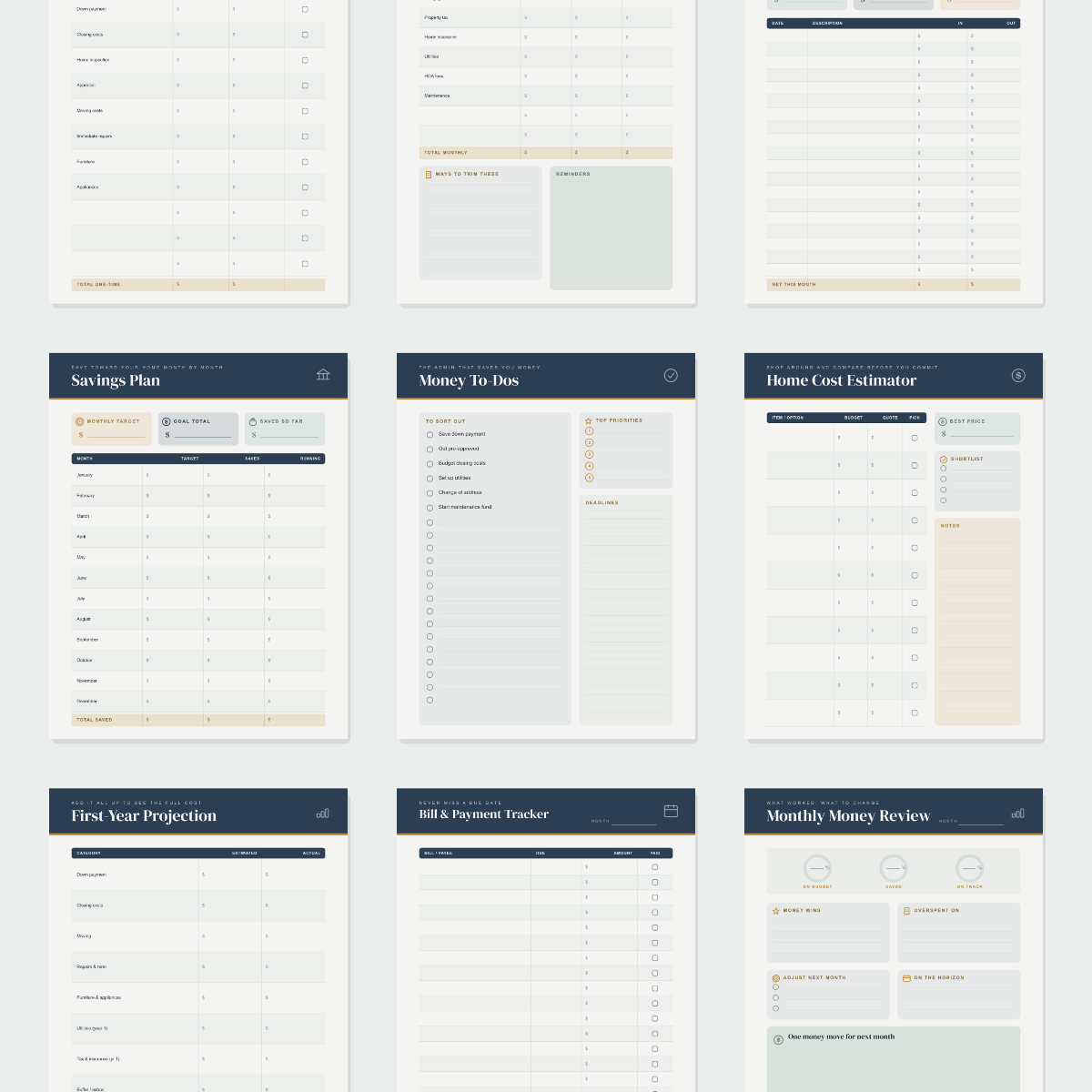 New Homeowner Budget Planner — 13 Printable Pages (Home-Buying Budget, Down Payment & Closing Costs, Monthly Housing Costs, Moving Budget, Maintenance Fund, First-Year Projection · A4 + US Letter PDF + SVG) preview 3