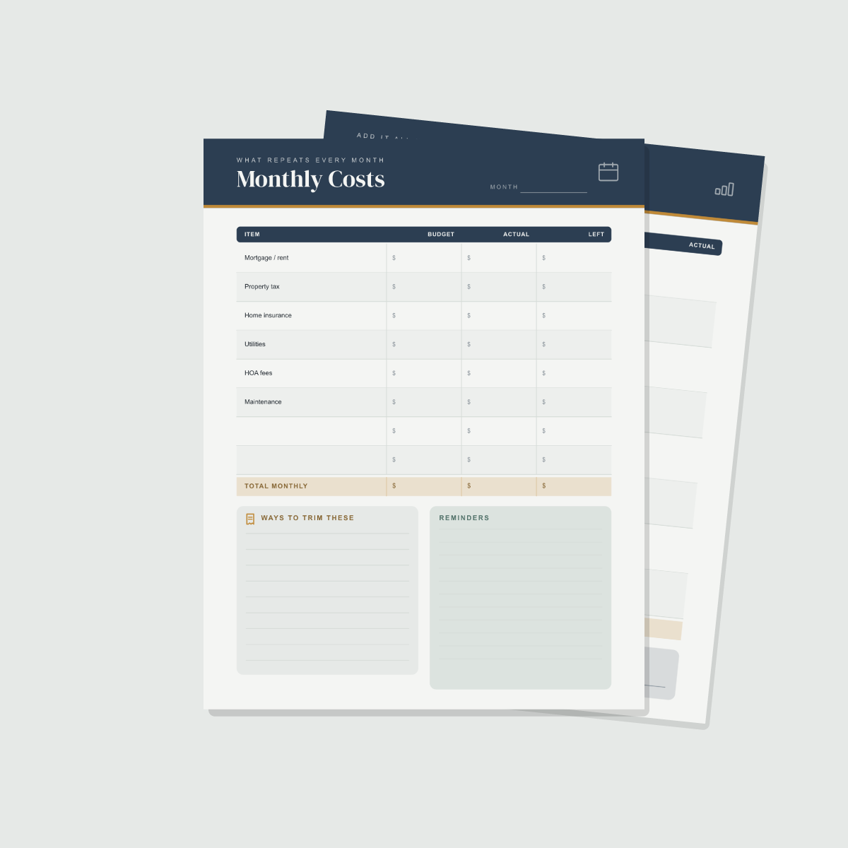 New Homeowner Budget Planner — 13 Printable Pages (Home-Buying Budget, Down Payment & Closing Costs, Monthly Housing Costs, Moving Budget, Maintenance Fund, First-Year Projection · A4 + US Letter PDF + SVG) preview 4
