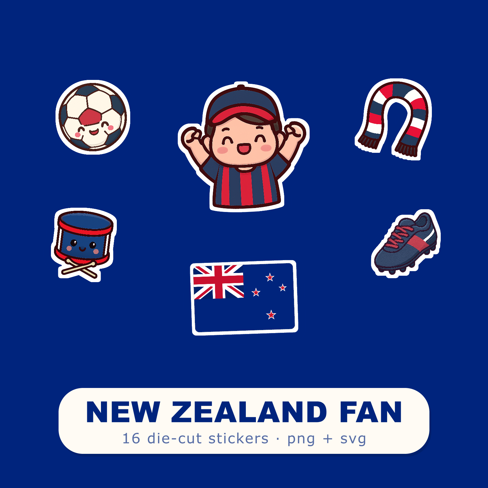 New Zealand Football Fan Sticker Pack — 16 Kawaii Die-Cut Supporter Stickers (PNG + SVG)