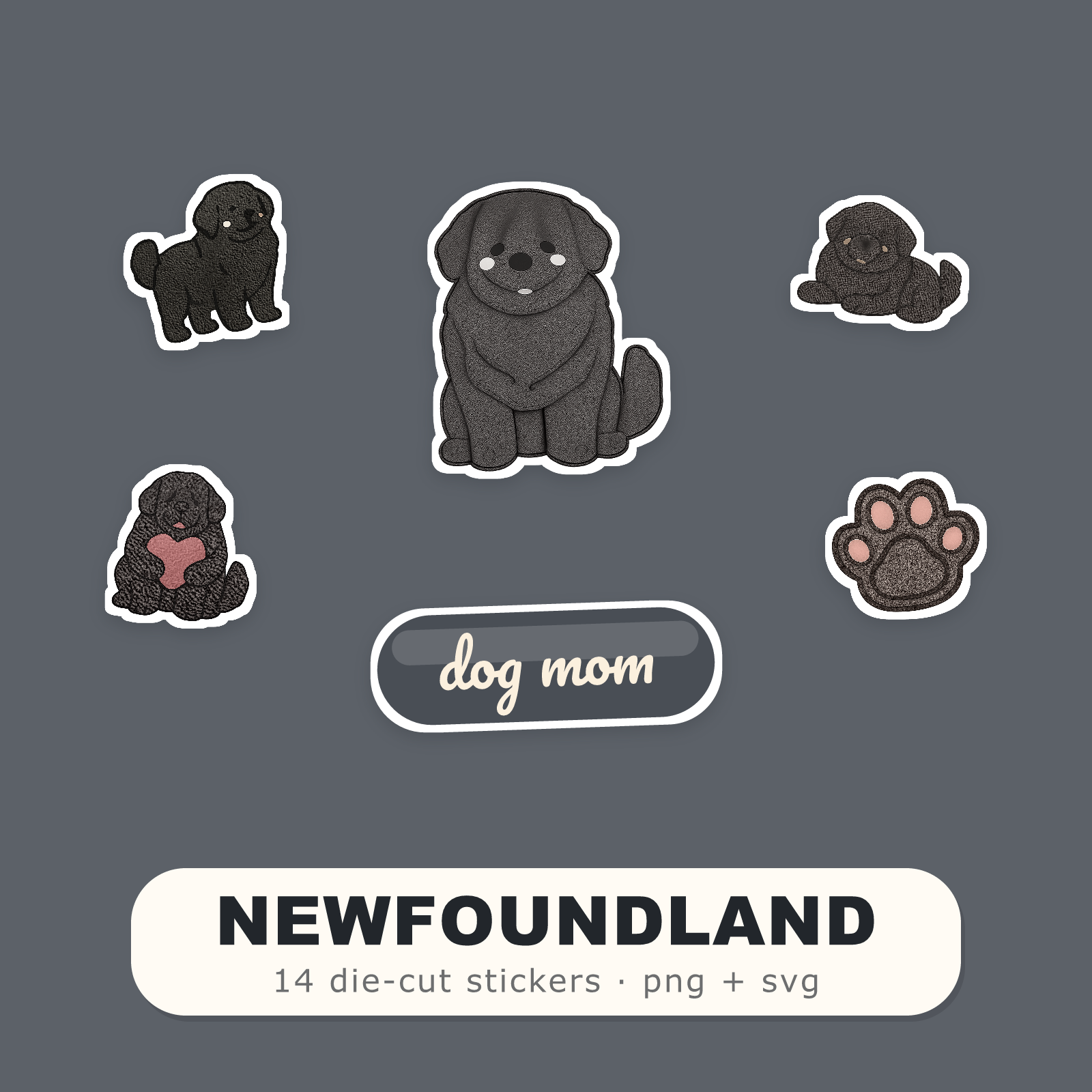 Newfoundland Kawaii Sticker Pack — Dog Mom Die-Cut Stickers (PNG + SVG, Commercial Use)