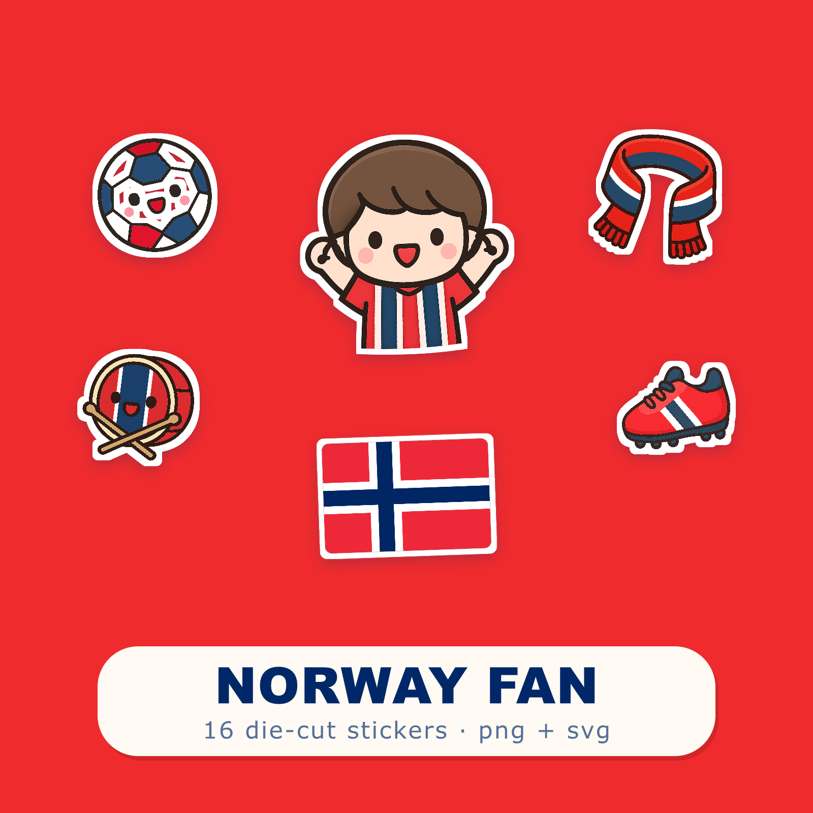Norway Football Fan Sticker Pack — 16 Kawaii Die-Cut Supporter Stickers (PNG + SVG)