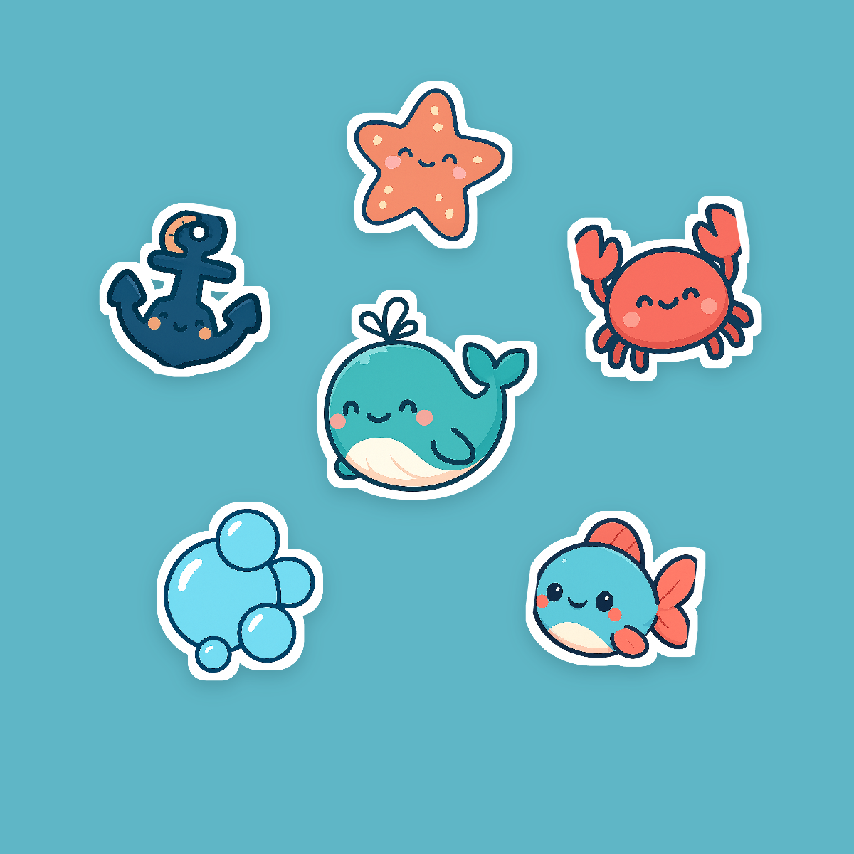 Ocean Sticker Pack — 16 Die-Cut Kawaii Whale, Sea Turtle, Octopus & Crab Stickers (PNG + SVG, Commercial Use) preview 2