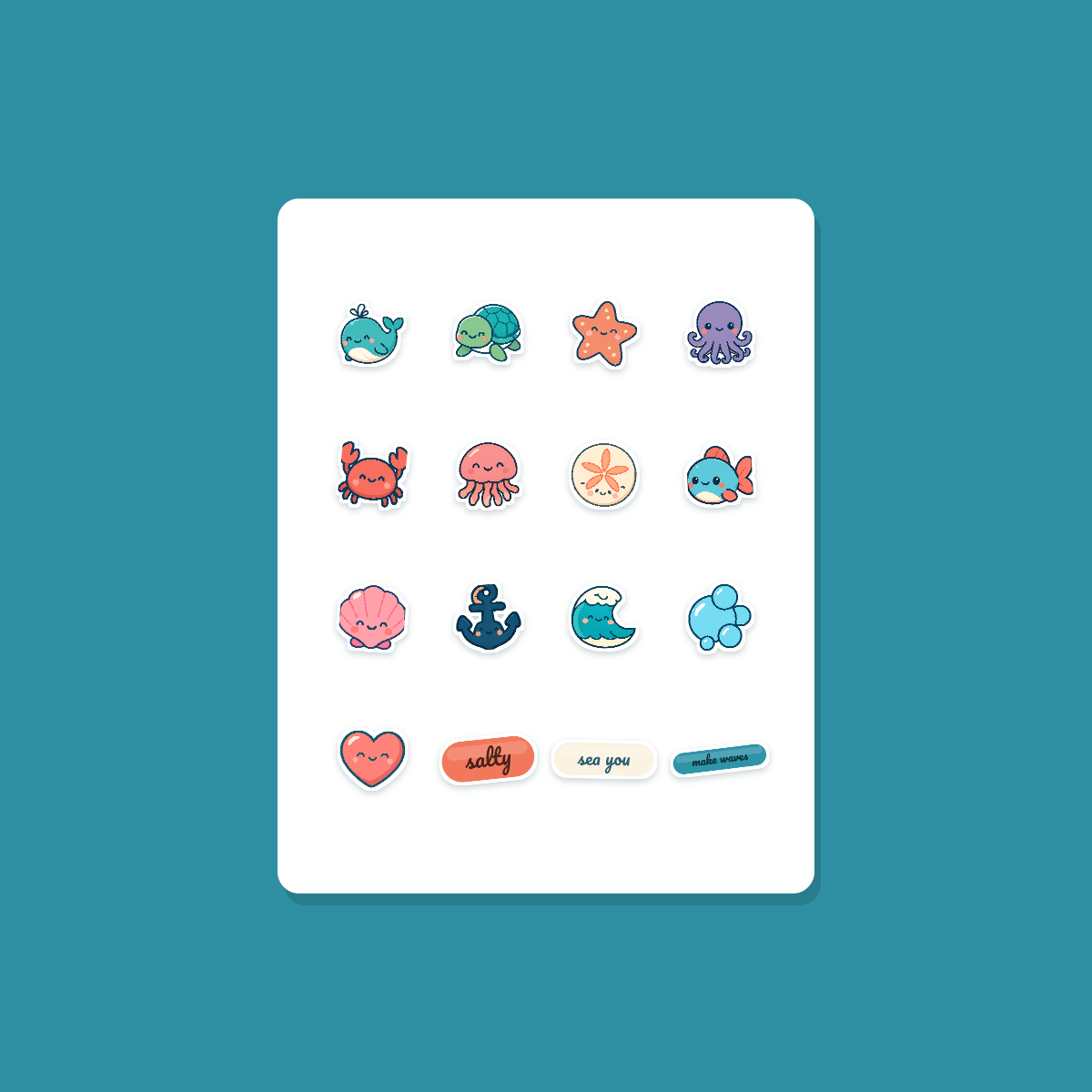 Ocean Sticker Pack — 16 Die-Cut Kawaii Whale, Sea Turtle, Octopus & Crab Stickers (PNG + SVG, Commercial Use) preview 3