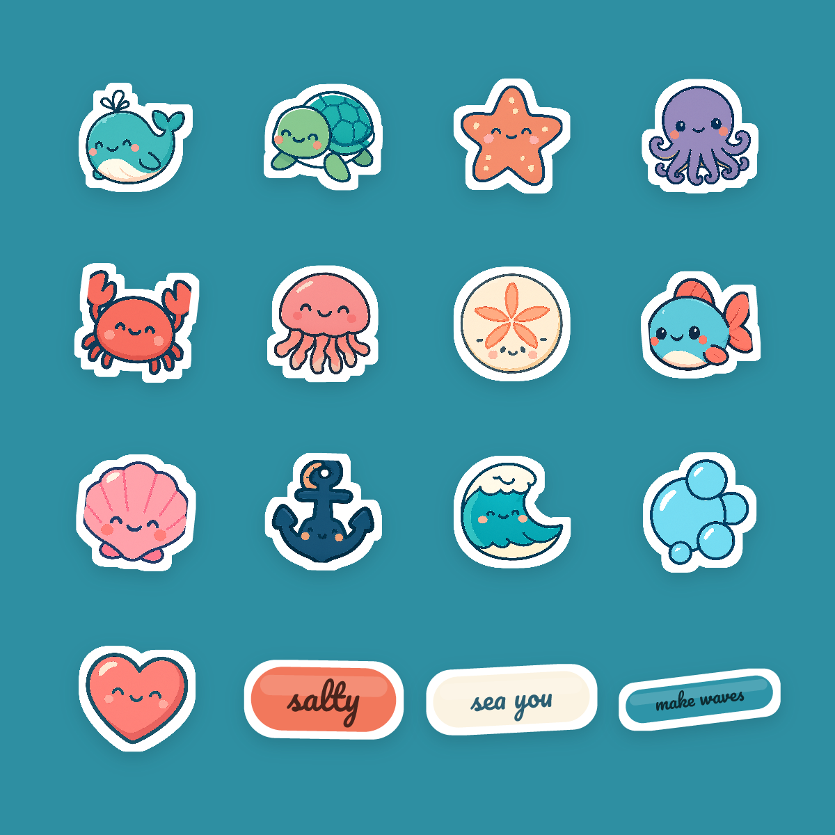 Ocean Sticker Pack — 16 Die-Cut Kawaii Whale, Sea Turtle, Octopus & Crab Stickers (PNG + SVG, Commercial Use) preview 4