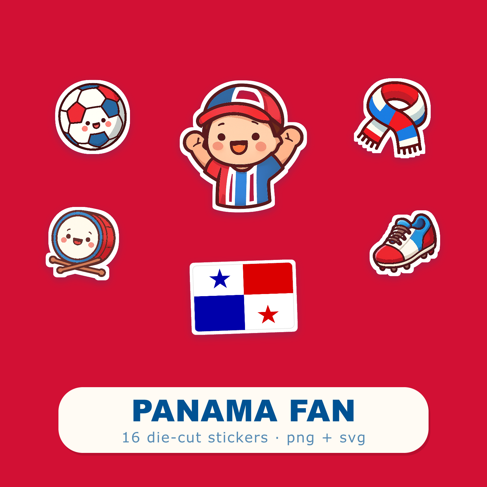 Panama Football Fan Sticker Pack — 16 Kawaii Die-Cut Supporter Stickers (PNG + SVG)