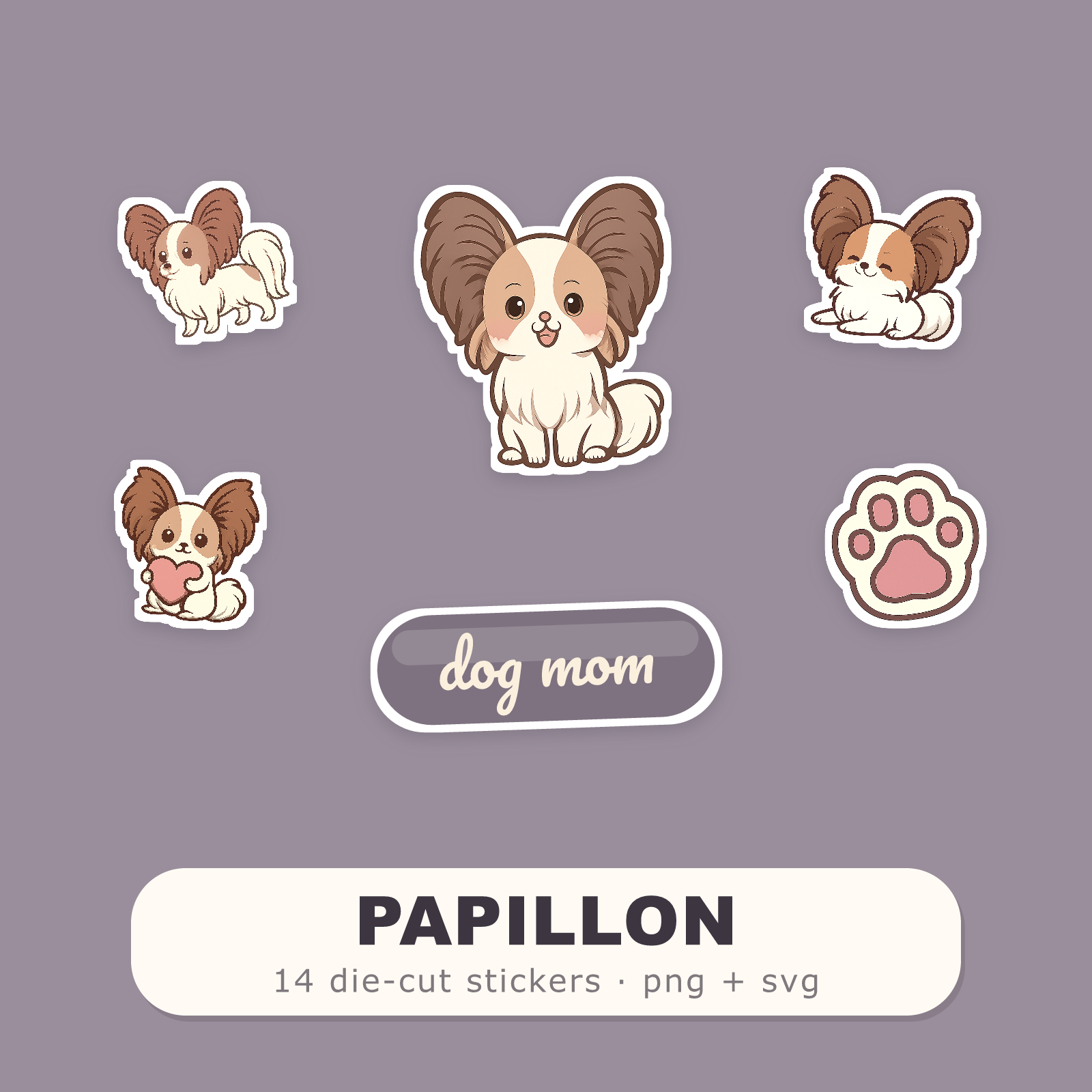 Papillon Kawaii Sticker Pack — Dog Mom Die-Cut Stickers (PNG + SVG, Commercial Use)
