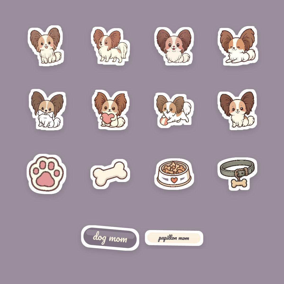 Papillon Kawaii Sticker Pack — Dog Mom Die-Cut Stickers (PNG + SVG, Commercial Use) preview 4