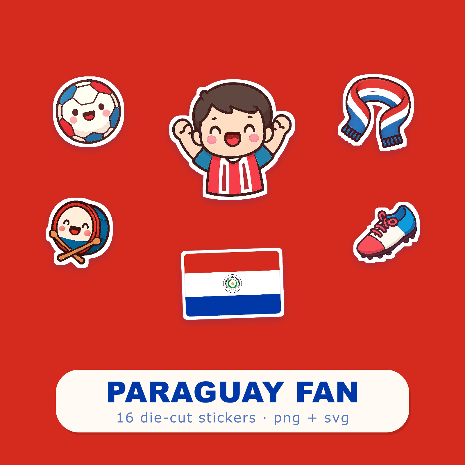 Paraguay Football Fan Sticker Pack — 16 Kawaii Die-Cut Supporter Stickers (PNG + SVG)