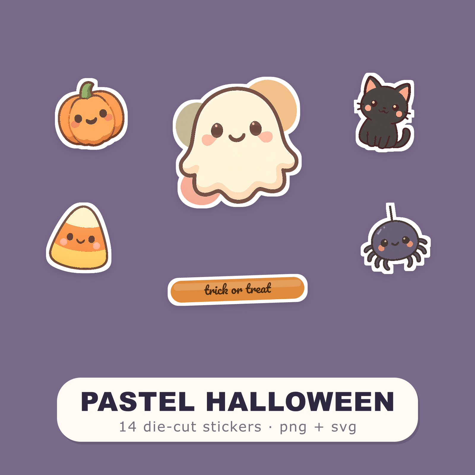 Pastel Halloween Sticker Pack — 14 Die-Cut Ghost, Pumpkin & Bat Stickers (PNG + SVG, Commercial Use)