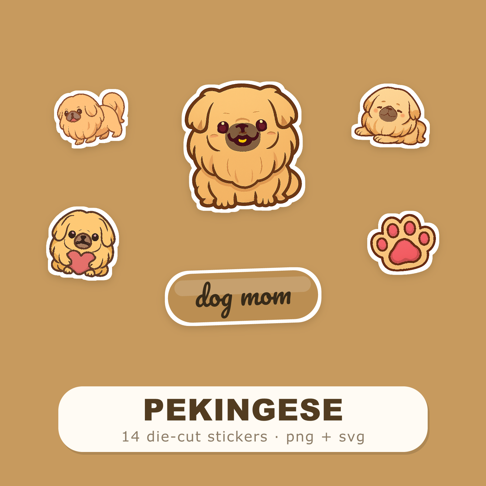Pekingese Kawaii Sticker Pack — Dog Mom Die-Cut Stickers (PNG + SVG, Commercial Use)