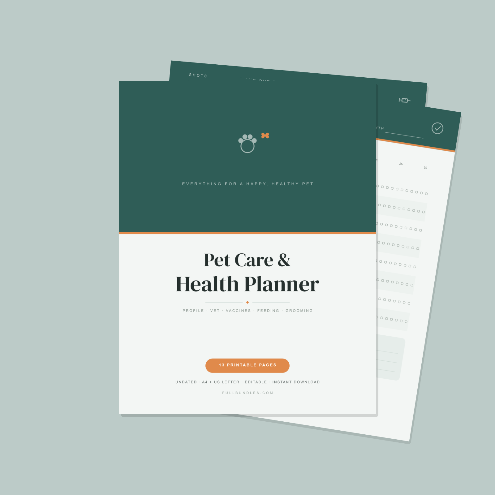 Pet Care & Health Planner — 13 Printable Pages (Pet Profile, Vet Log, Vaccination Record, Weight & Feeding Trackers, Grooming, Training & Pet Budget · A4 + US Letter PDF + SVG)