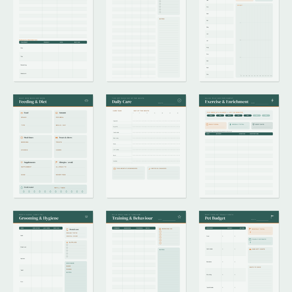 Pet Care & Health Planner — 13 Printable Pages (Pet Profile, Vet Log, Vaccination Record, Weight & Feeding Trackers, Grooming, Training & Pet Budget · A4 + US Letter PDF + SVG) preview 3