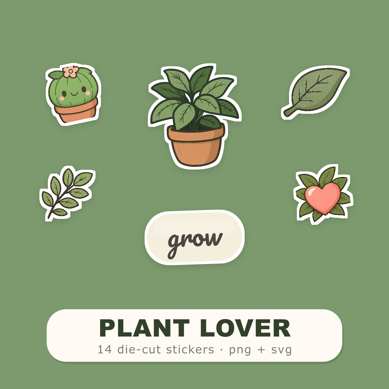 Plant Lover Sticker Pack — 14 Die-Cut Houseplant & Botanical Stickers (PNG + SVG, Commercial Use)