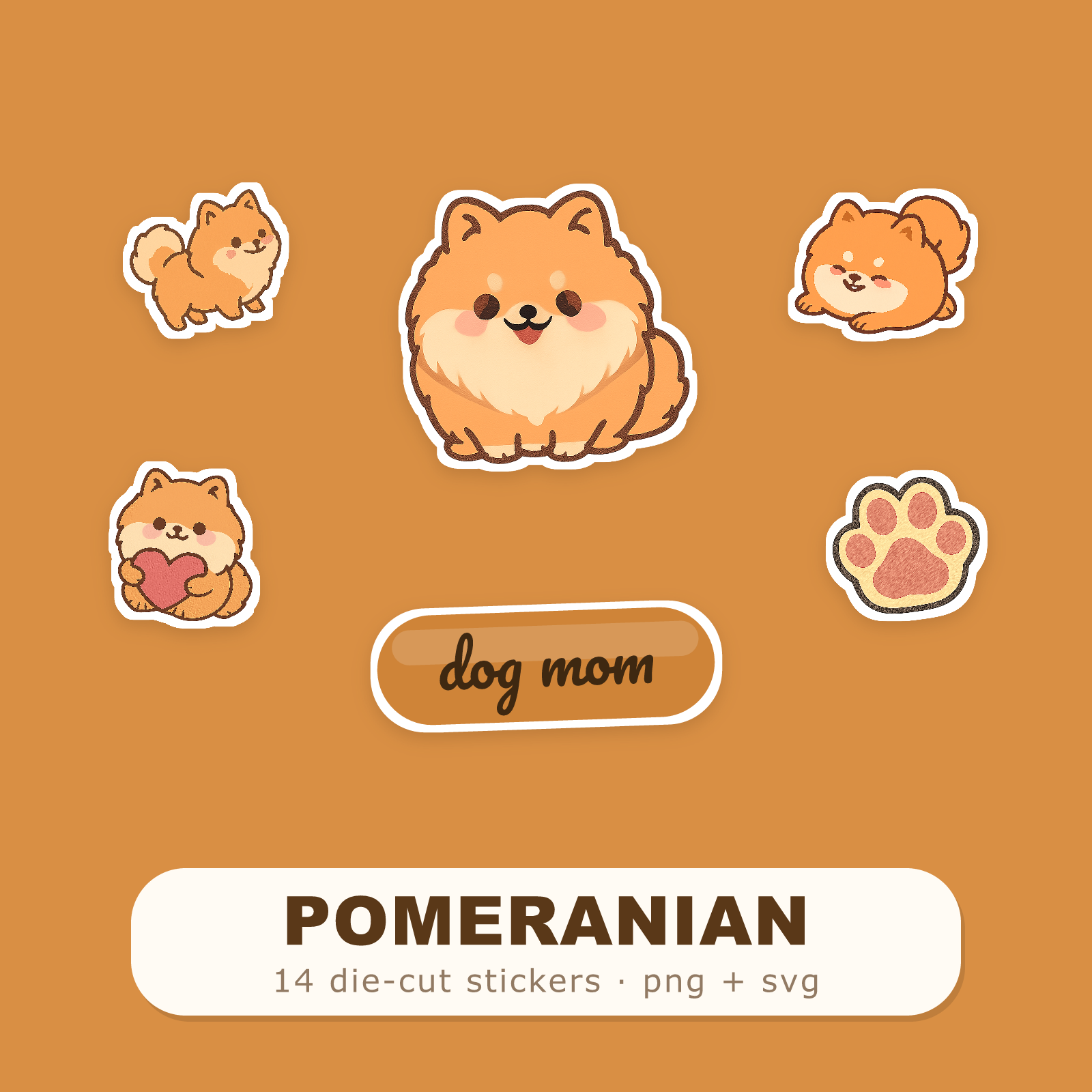 Pomeranian Kawaii Sticker Pack — Dog Mom Die-Cut Stickers (PNG + SVG, Commercial Use)